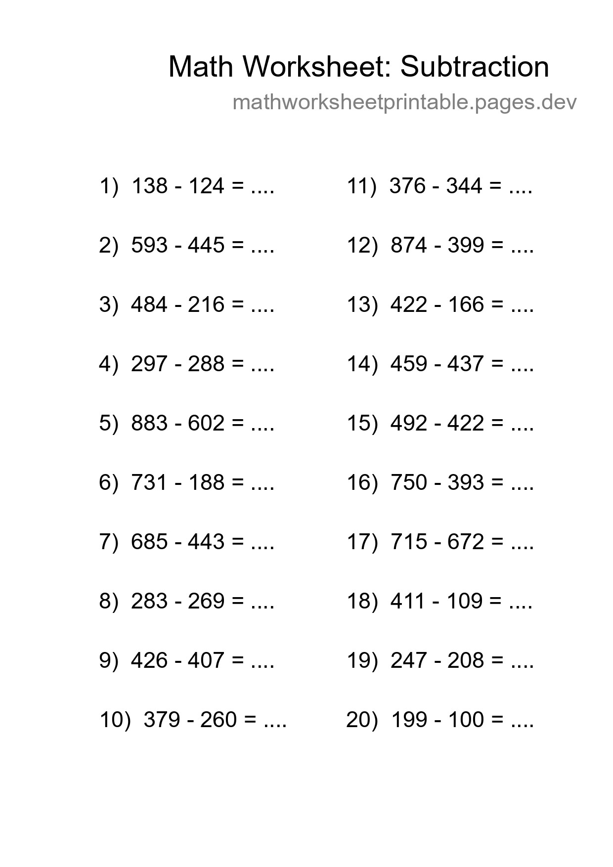 Grade 5 Subtraction Practice Worksheet (20 Problems) - Part 208