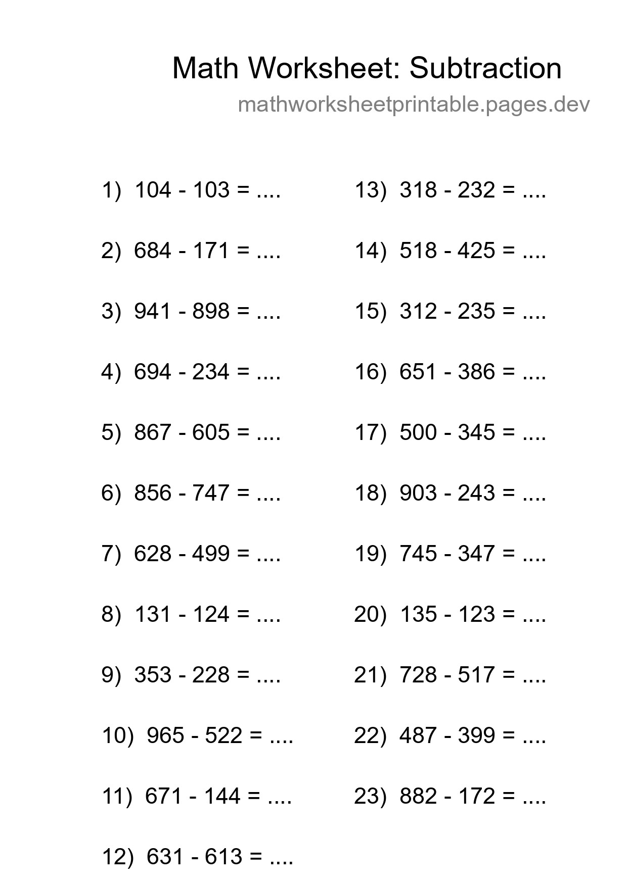 Grade 5 Subtraction Practice Worksheet (23 Problems) - Part 108