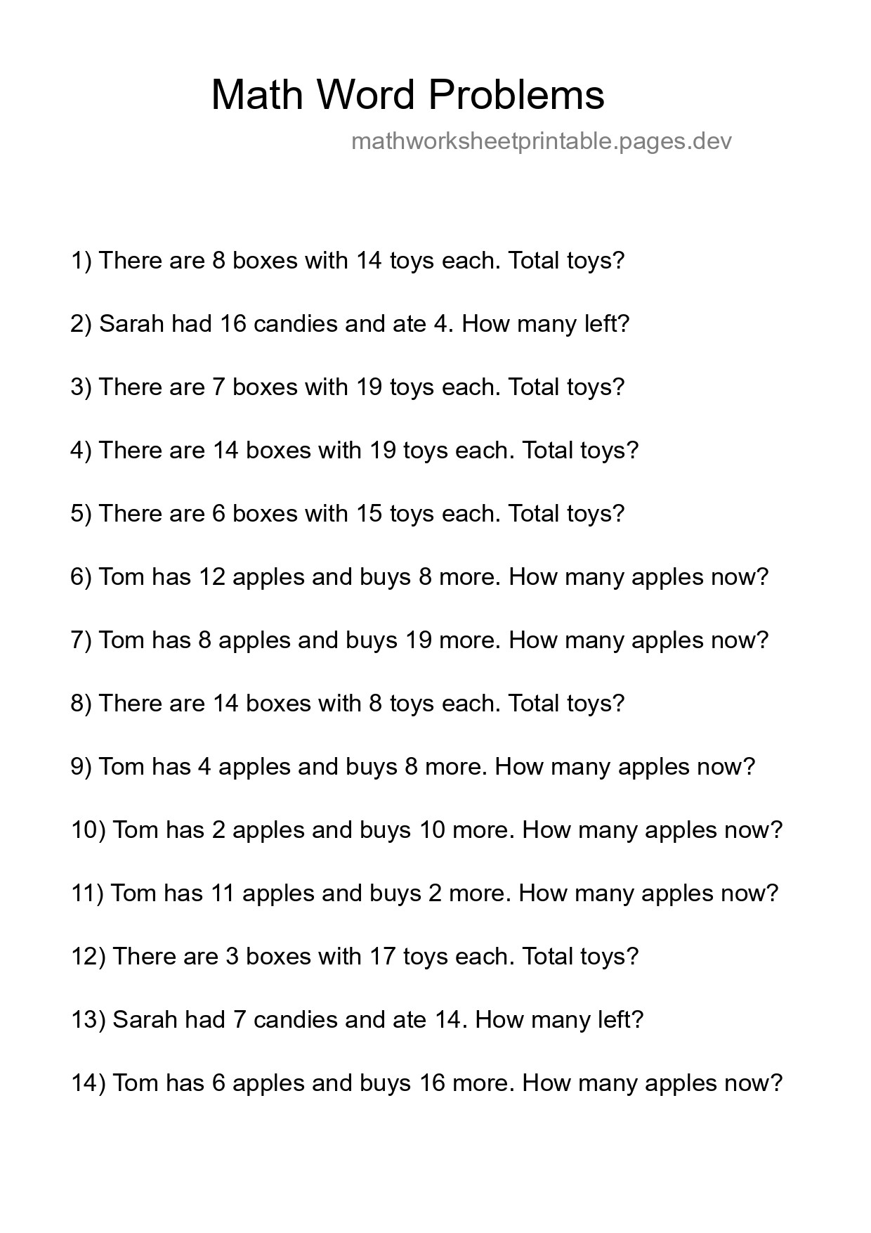 Math Word Problem Worksheet