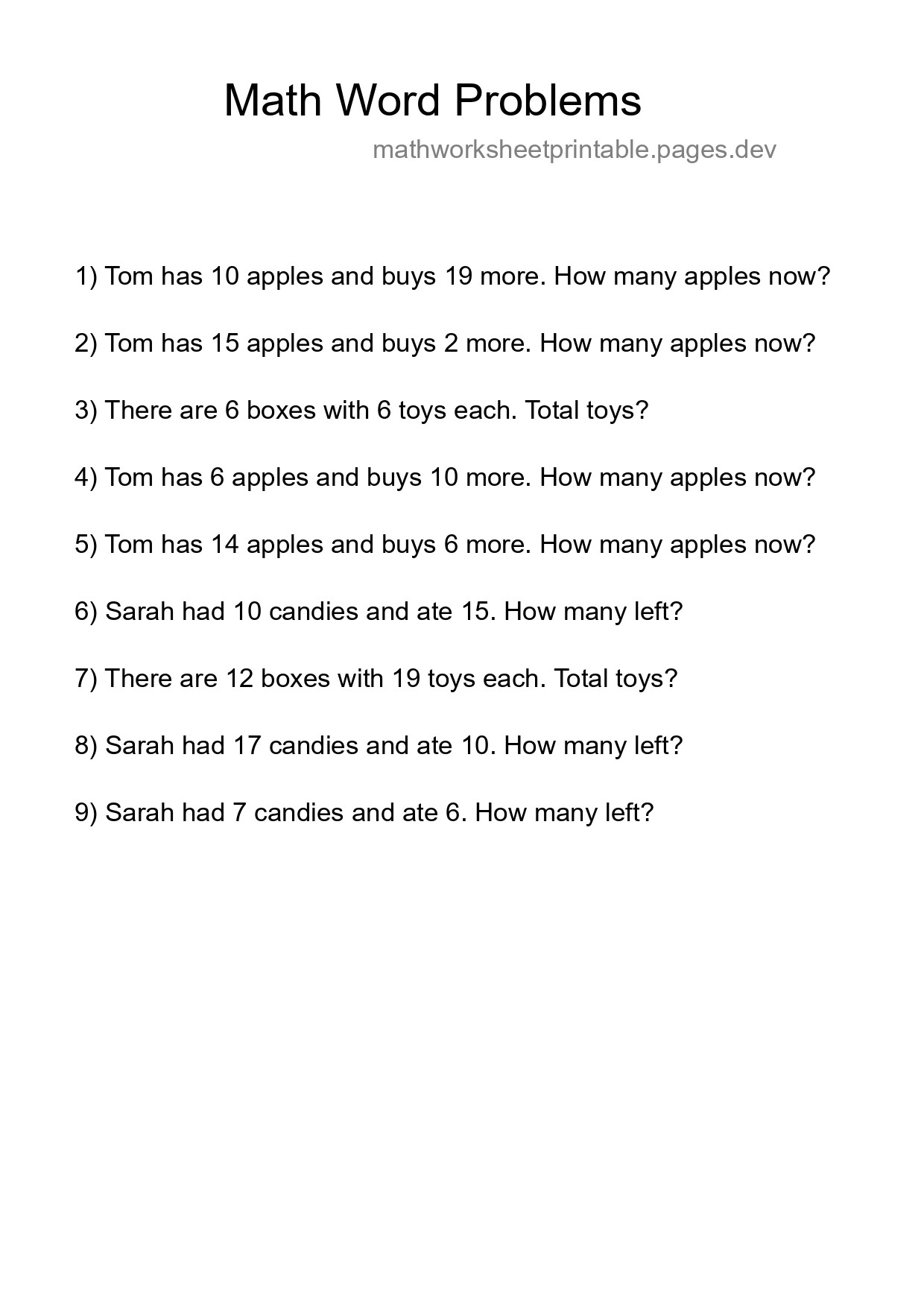 Math Word Problem Worksheet