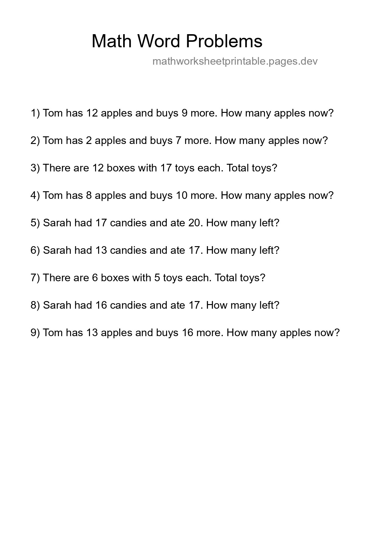 Math Word Problem Worksheet
