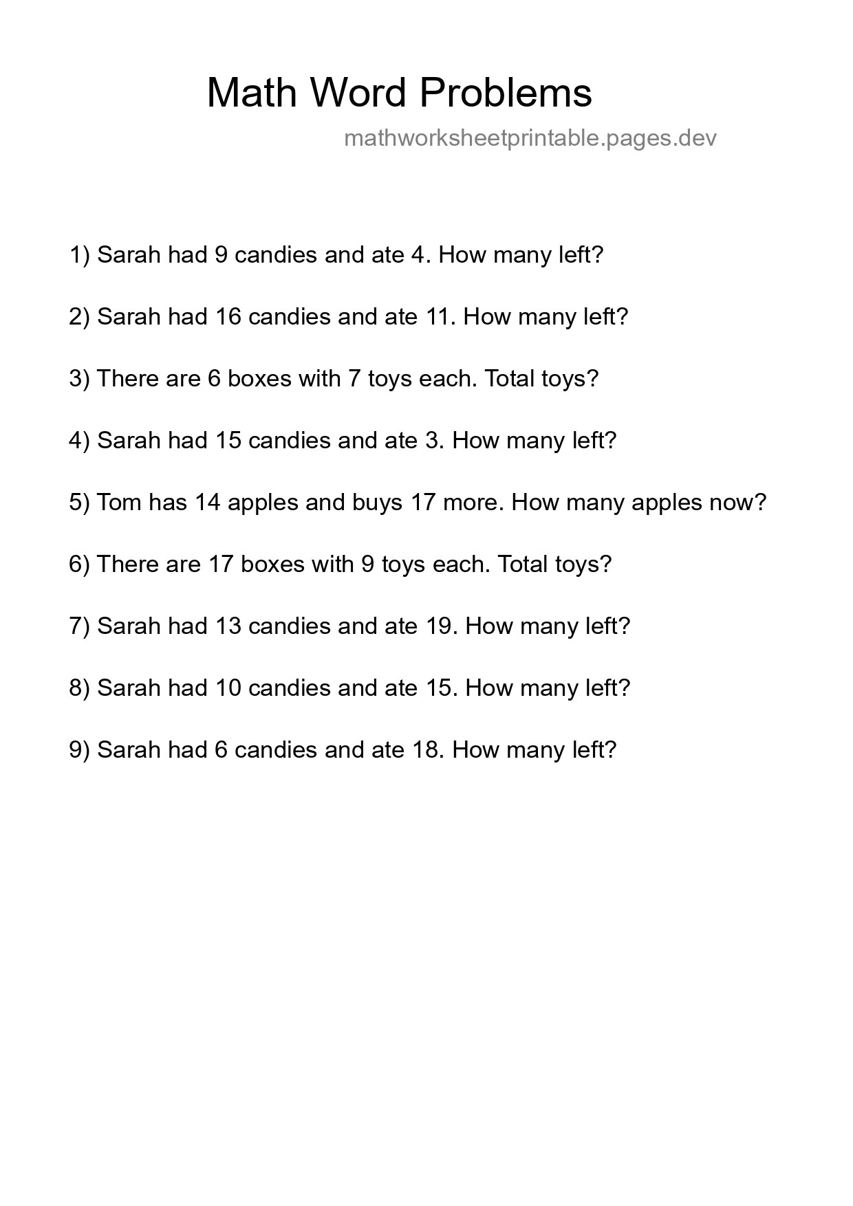 Math Word Problem Worksheet