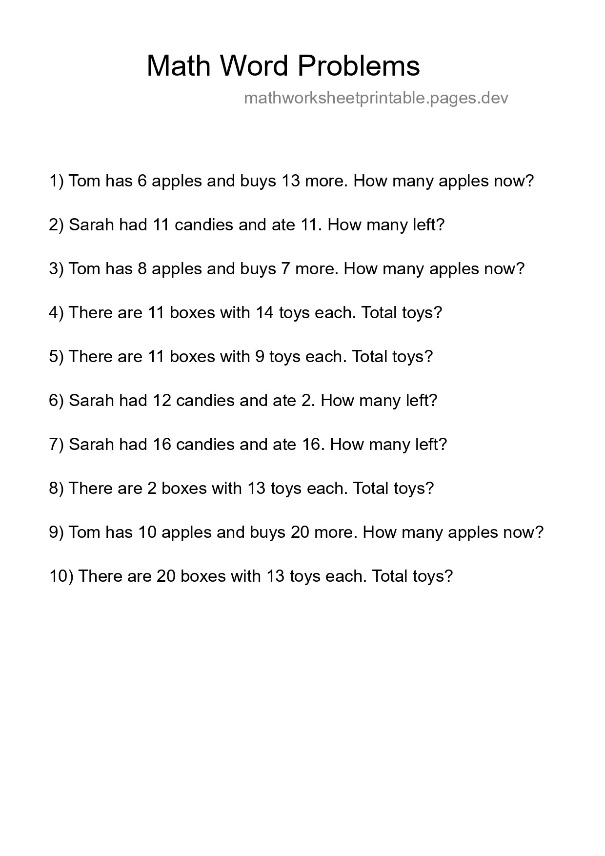Math Word Problem Worksheet