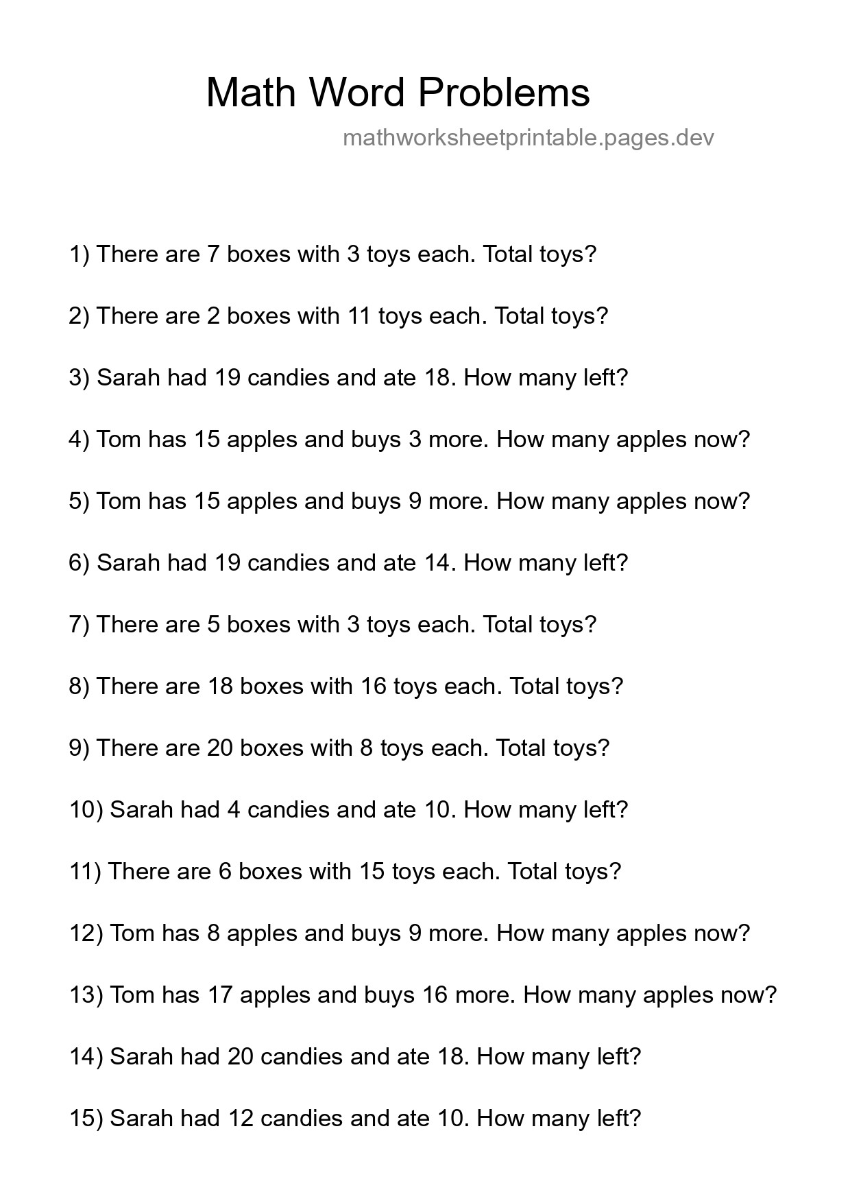 Math Word Problem Worksheet