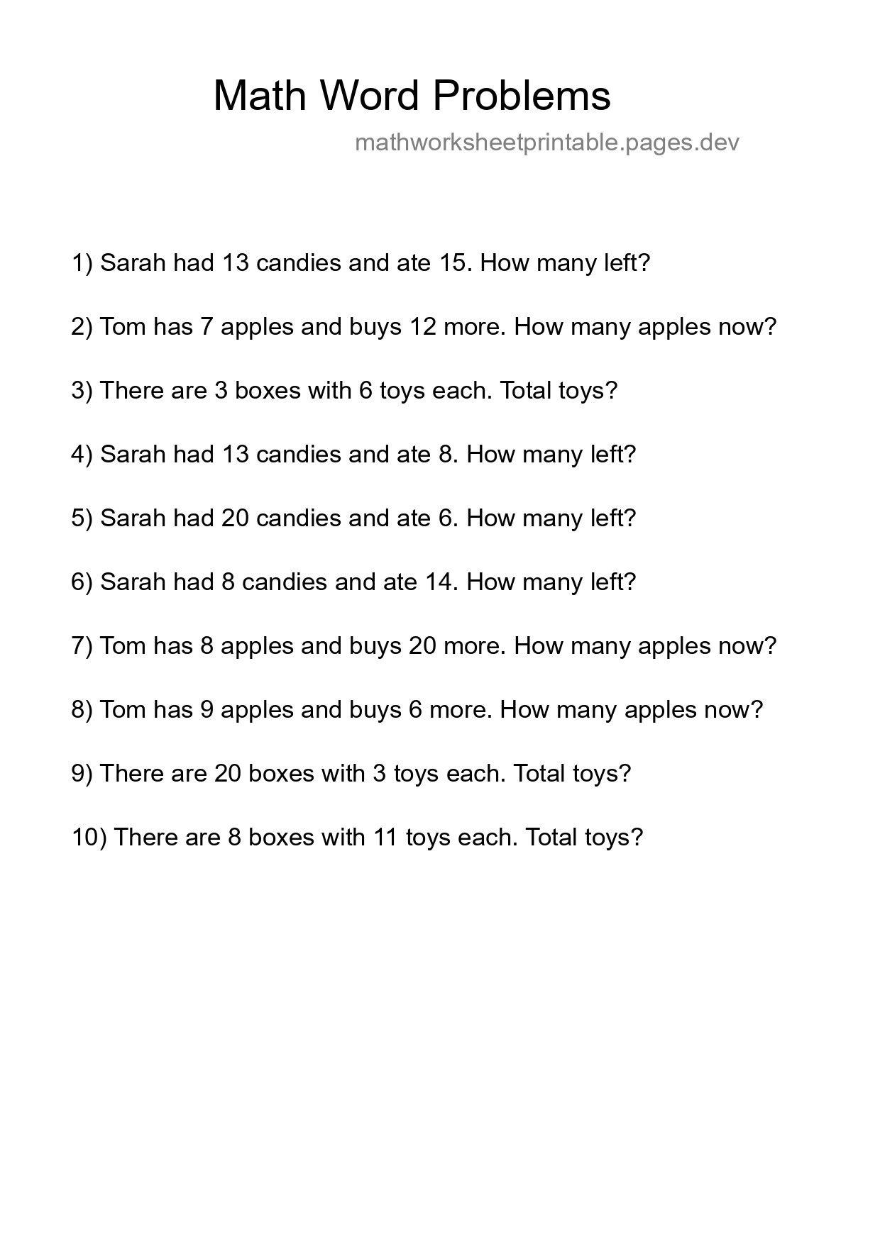 Math Word Problem Worksheet