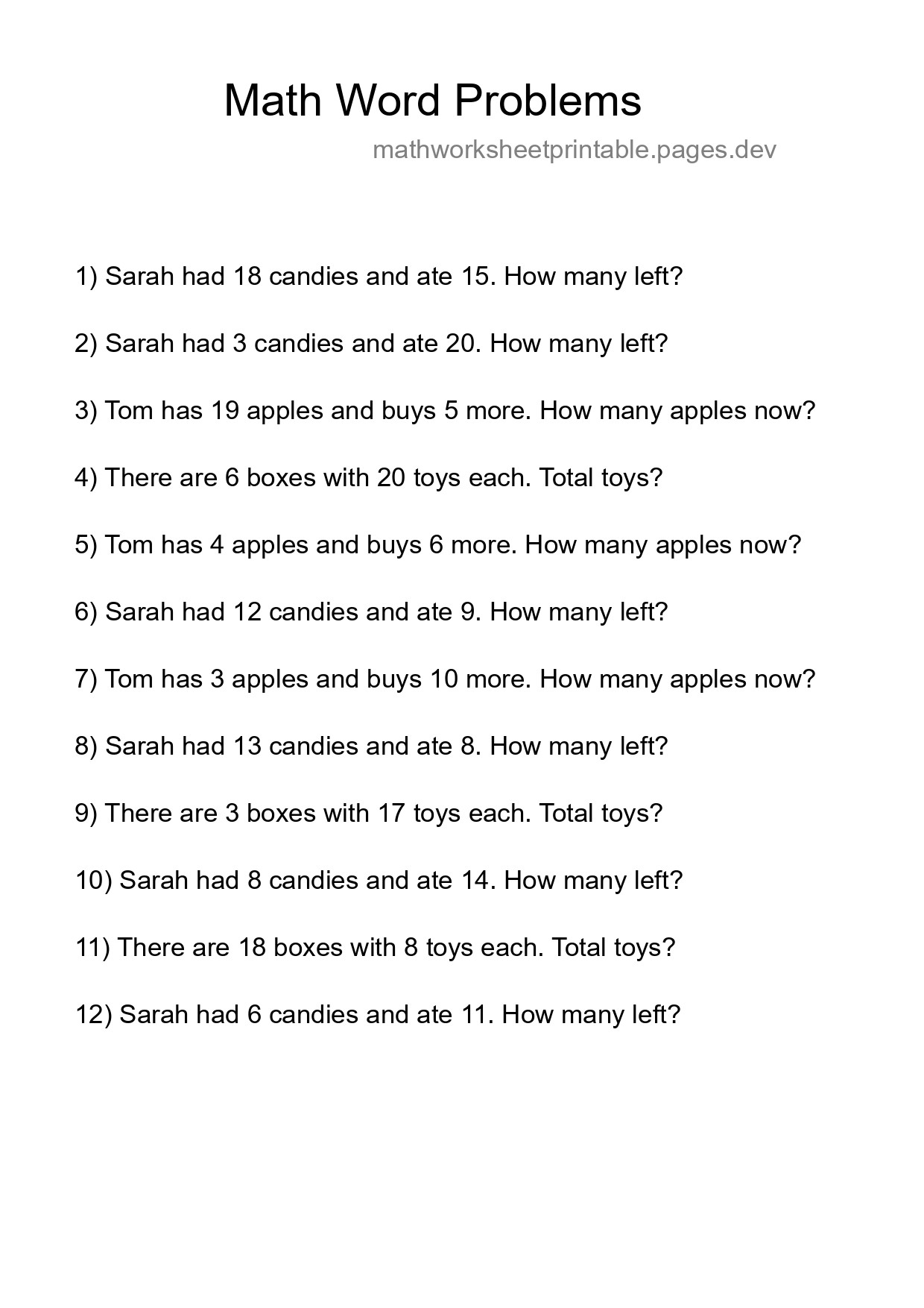Math Word Problem Worksheet