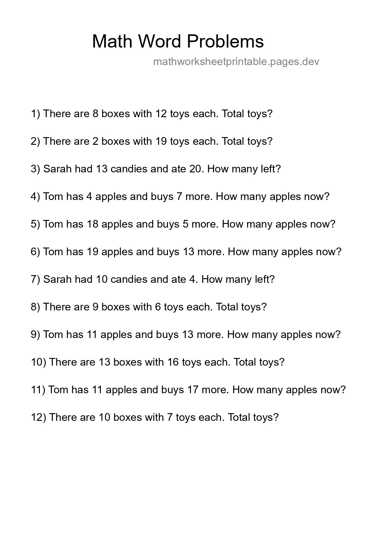 Math Word Problem Worksheet