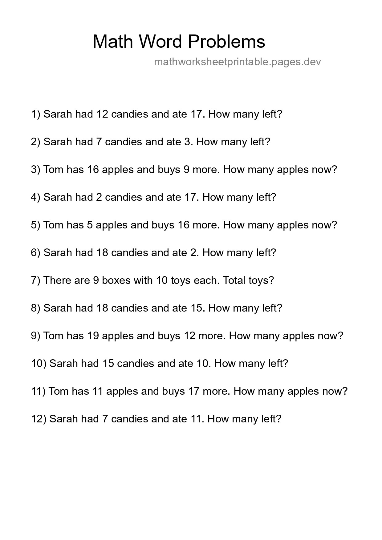 Math Word Problem Worksheet