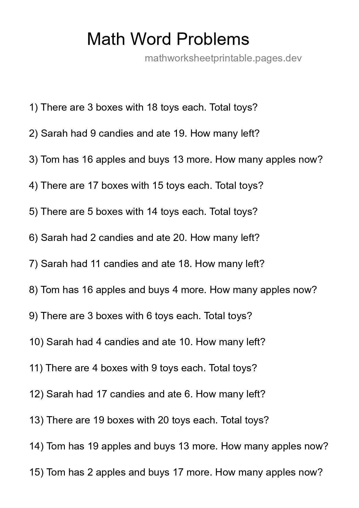 Math Word Problem Worksheet