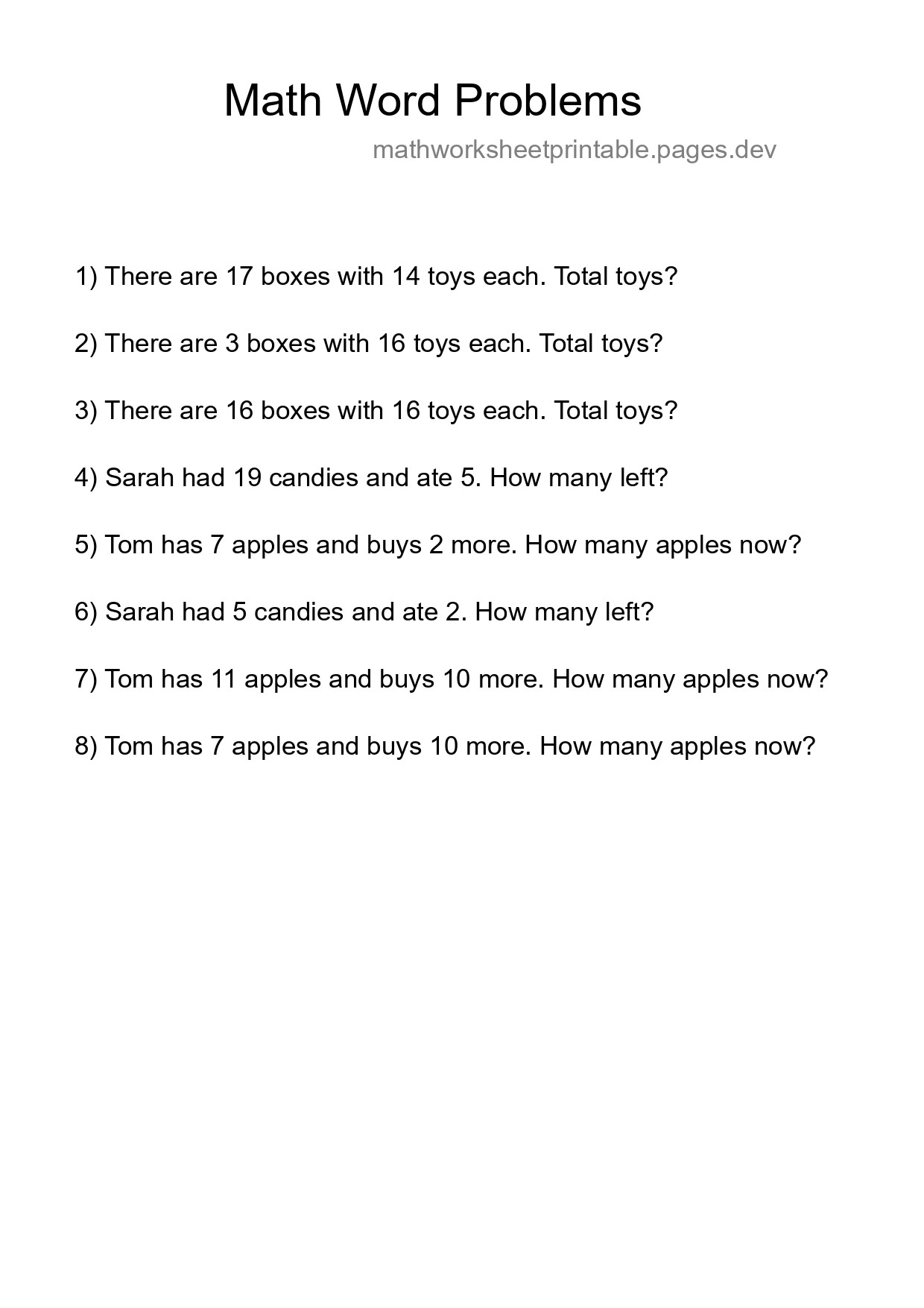Math Word Problem Worksheet