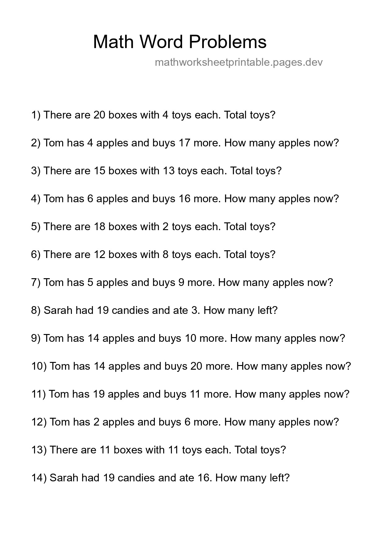 Math Word Problem Worksheet