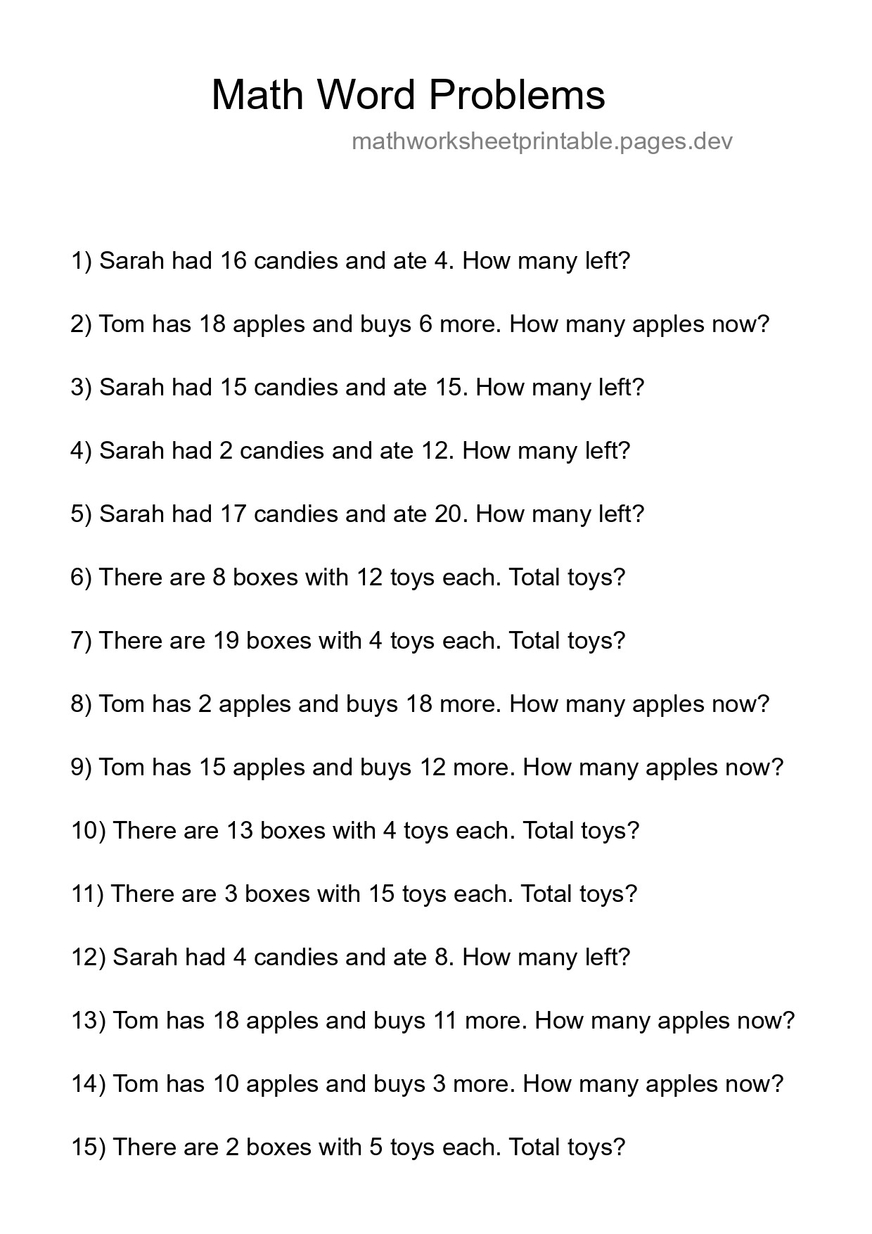 Math Word Problem Worksheet