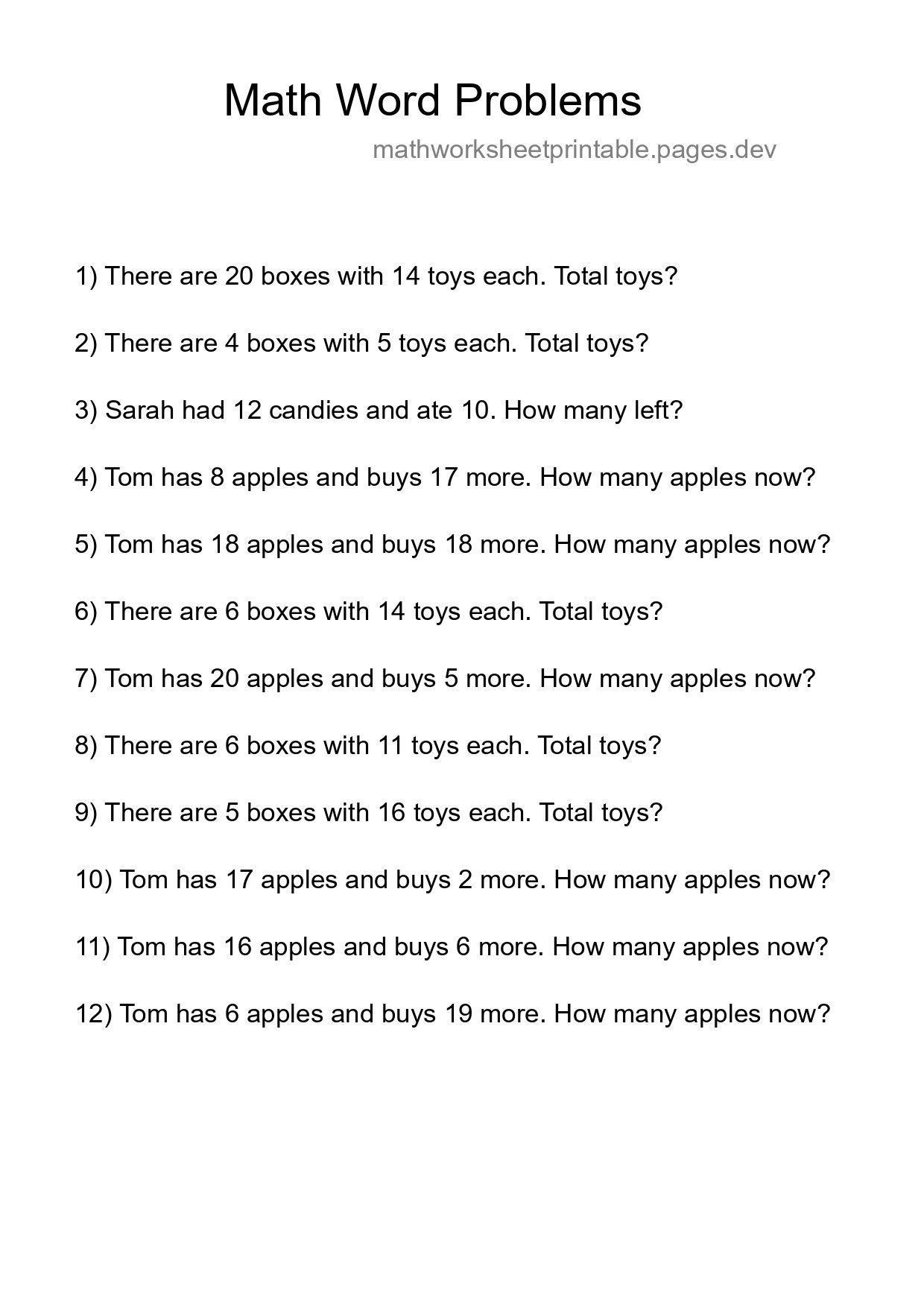 Math Word Problem Worksheet