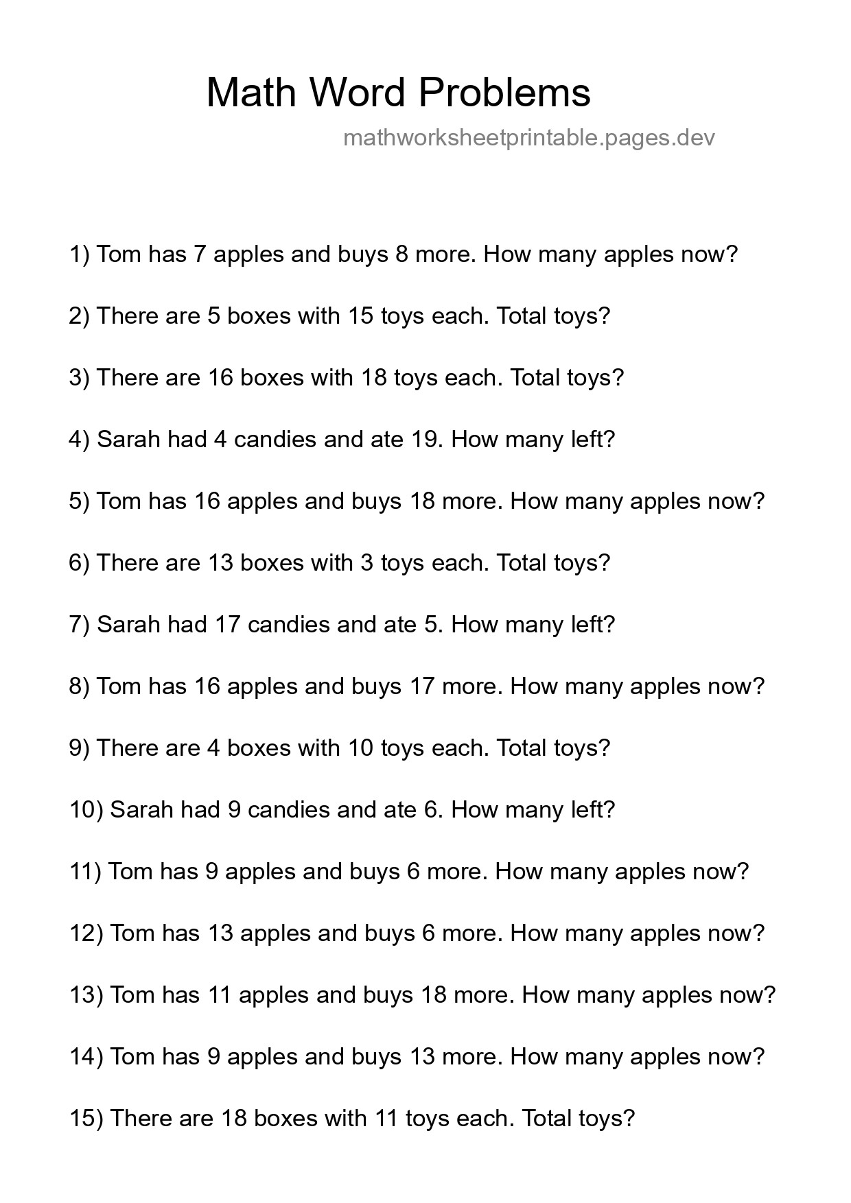 Math Word Problem Worksheet