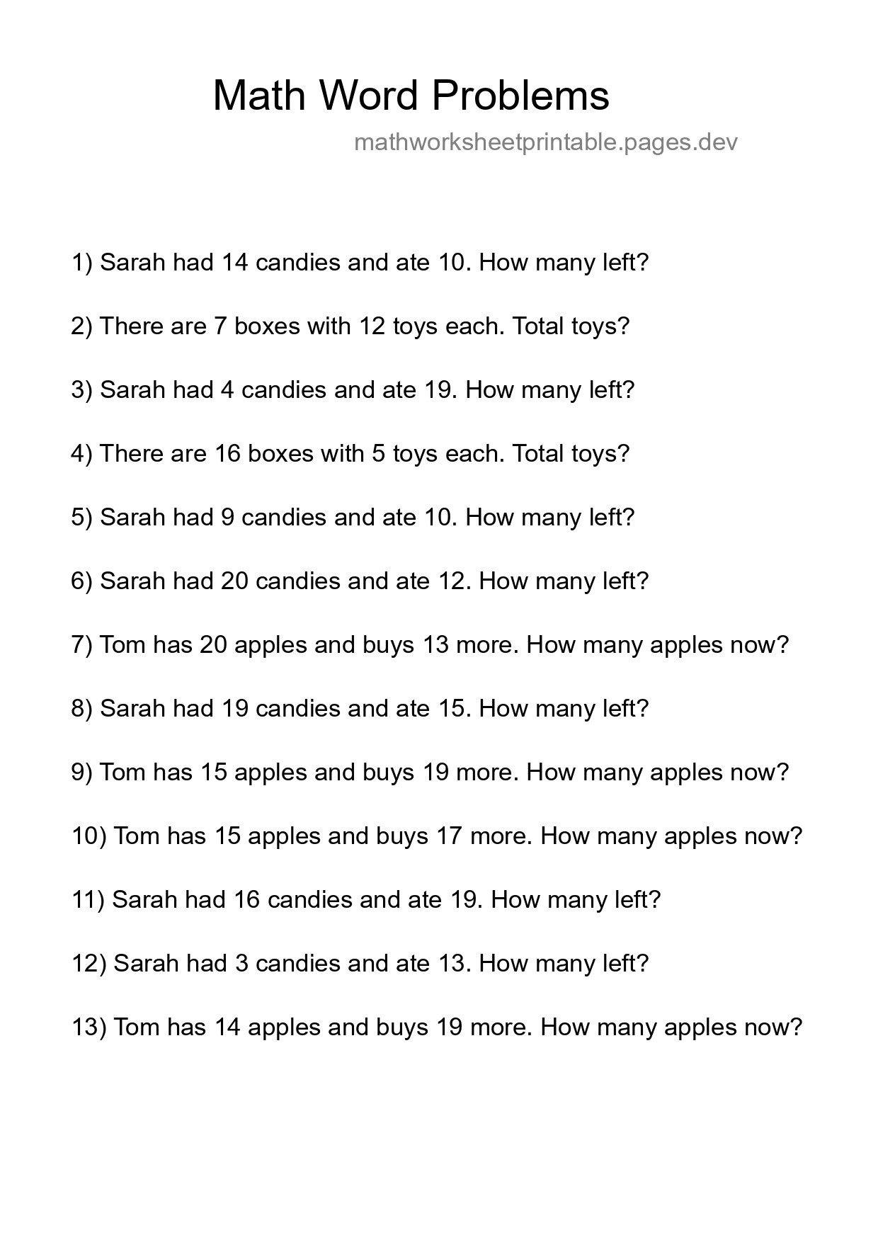 Math Word Problem Worksheet