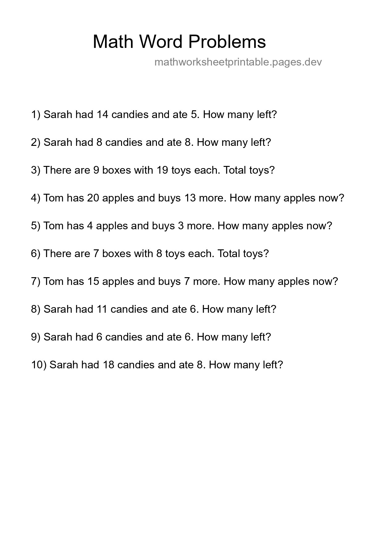Math Word Problem Worksheet