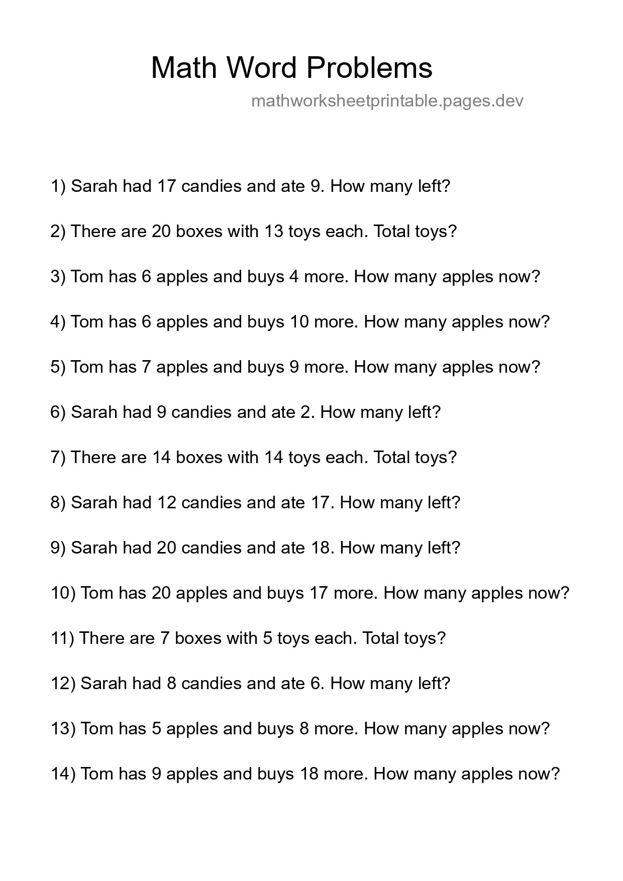 Math Word Problem Worksheet