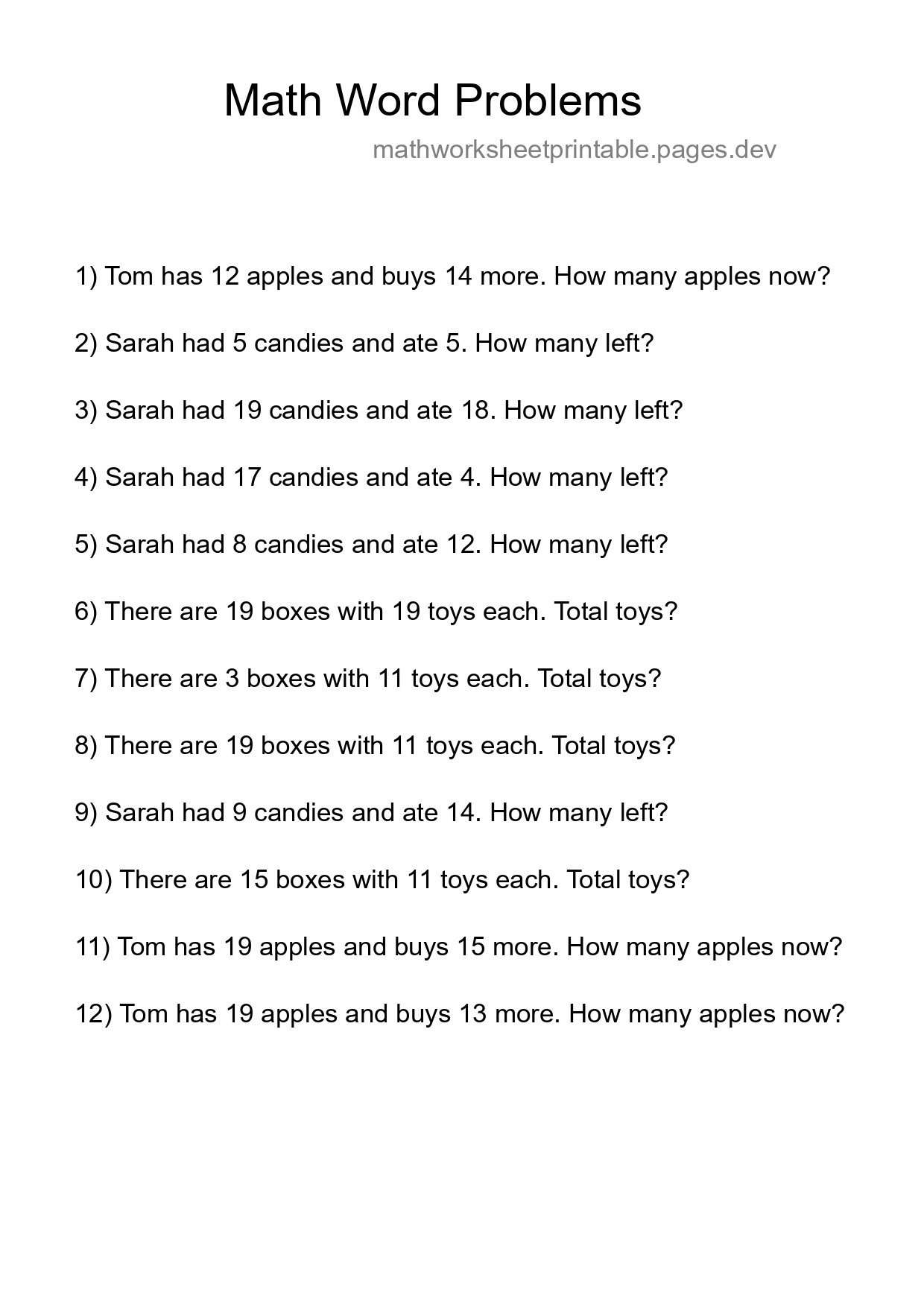 Math Word Problem Worksheet