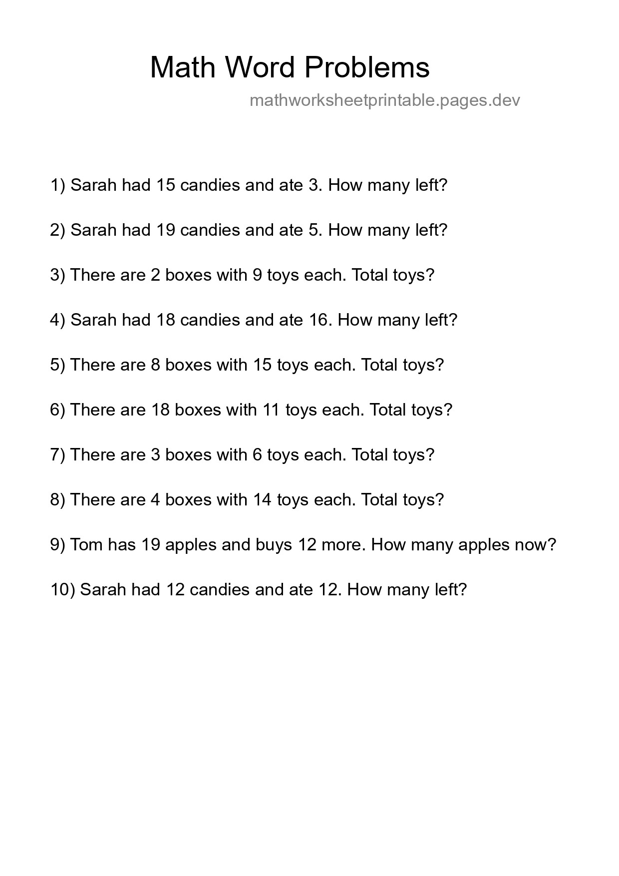 Math Word Problem Worksheet