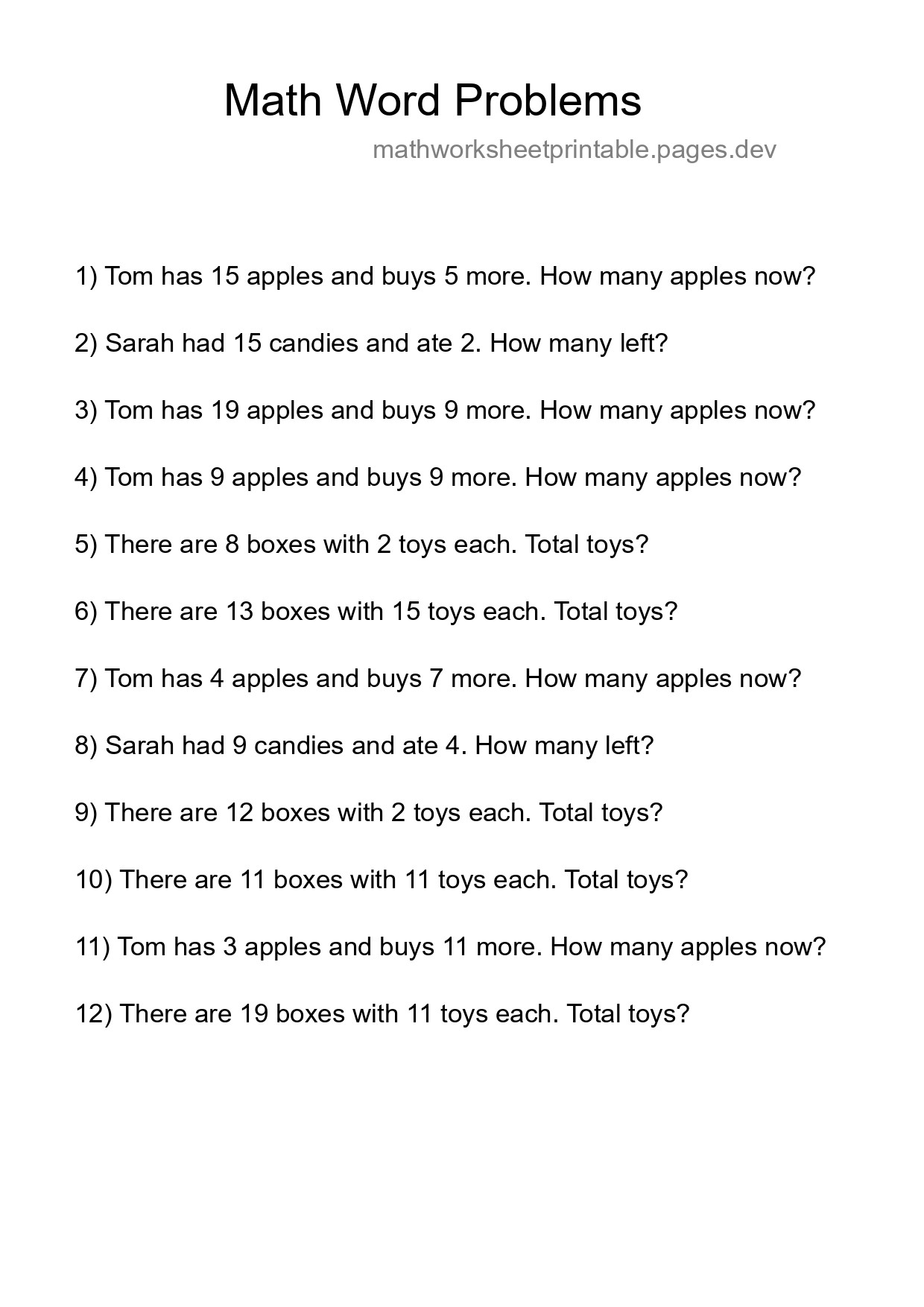 Math Word Problem Worksheet
