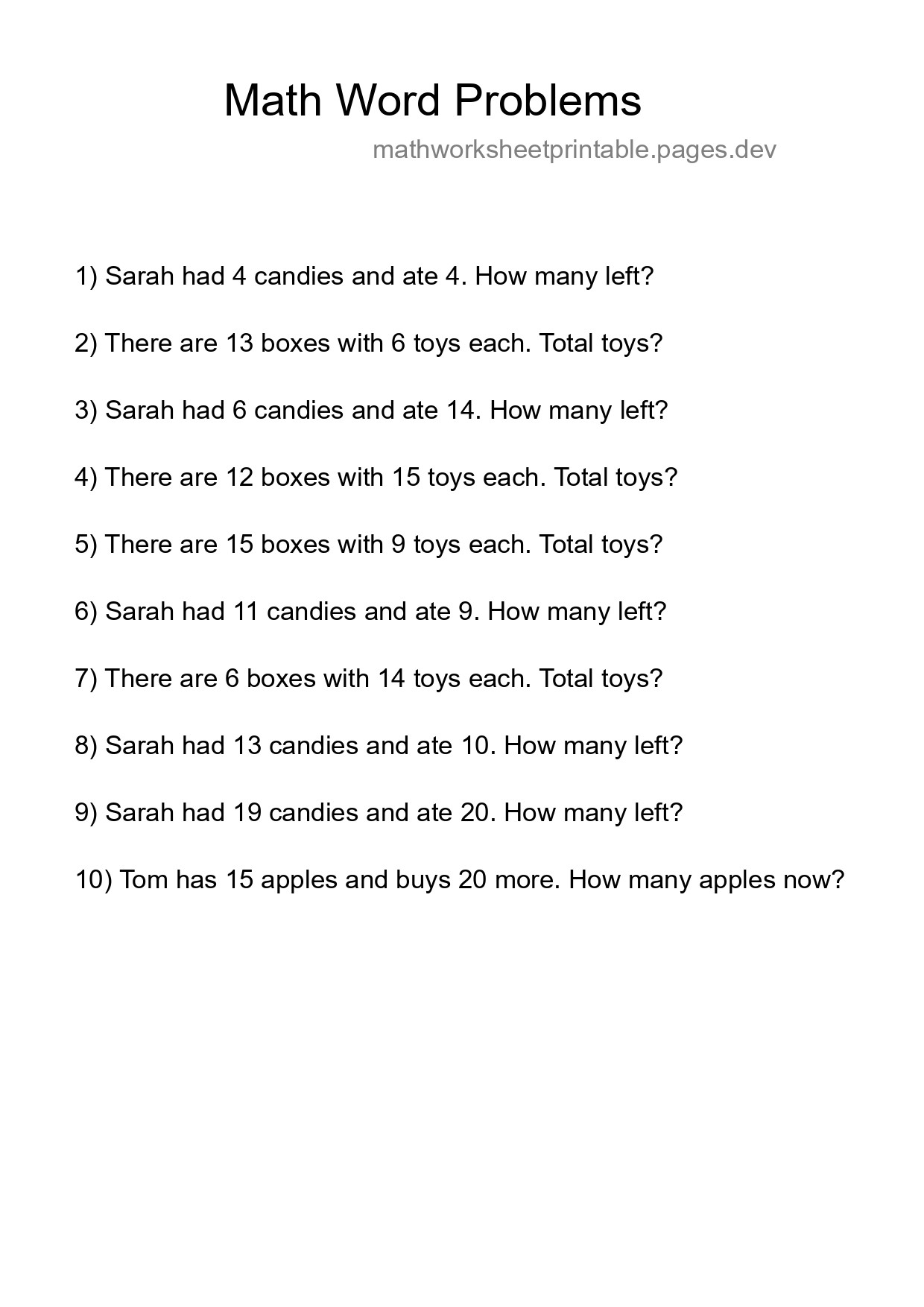 Math Word Problem Worksheet