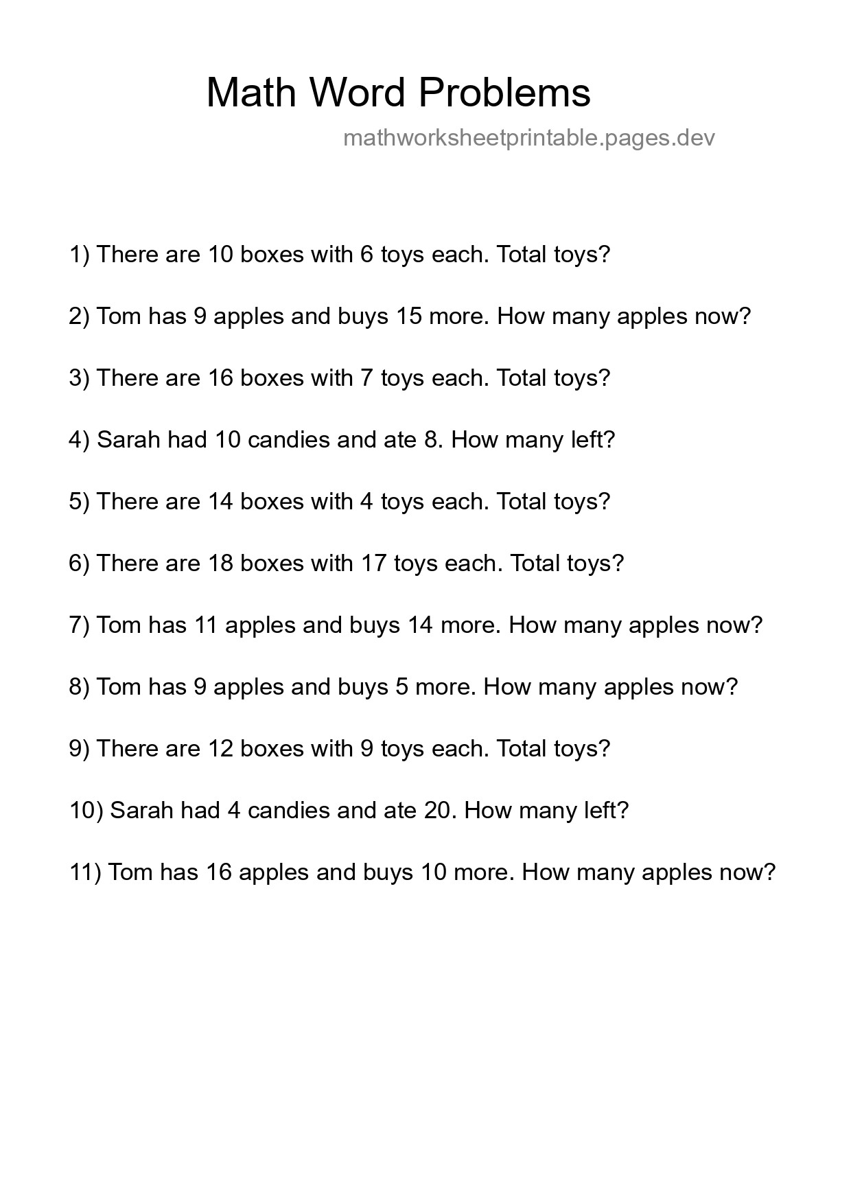 Math Word Problem Worksheet