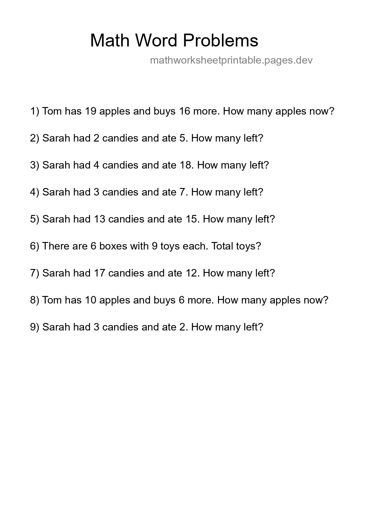 Math Word Problem Worksheet