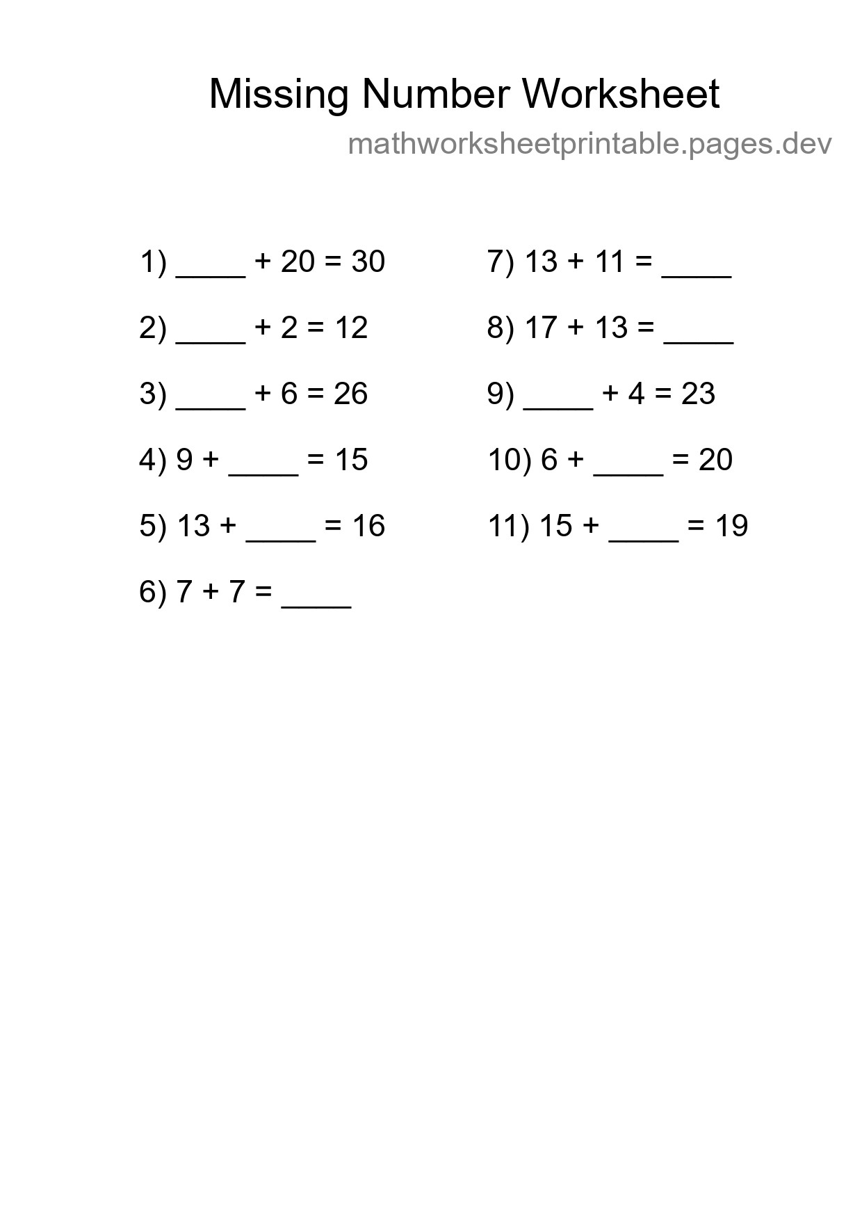 Missing Number Math Worksheet