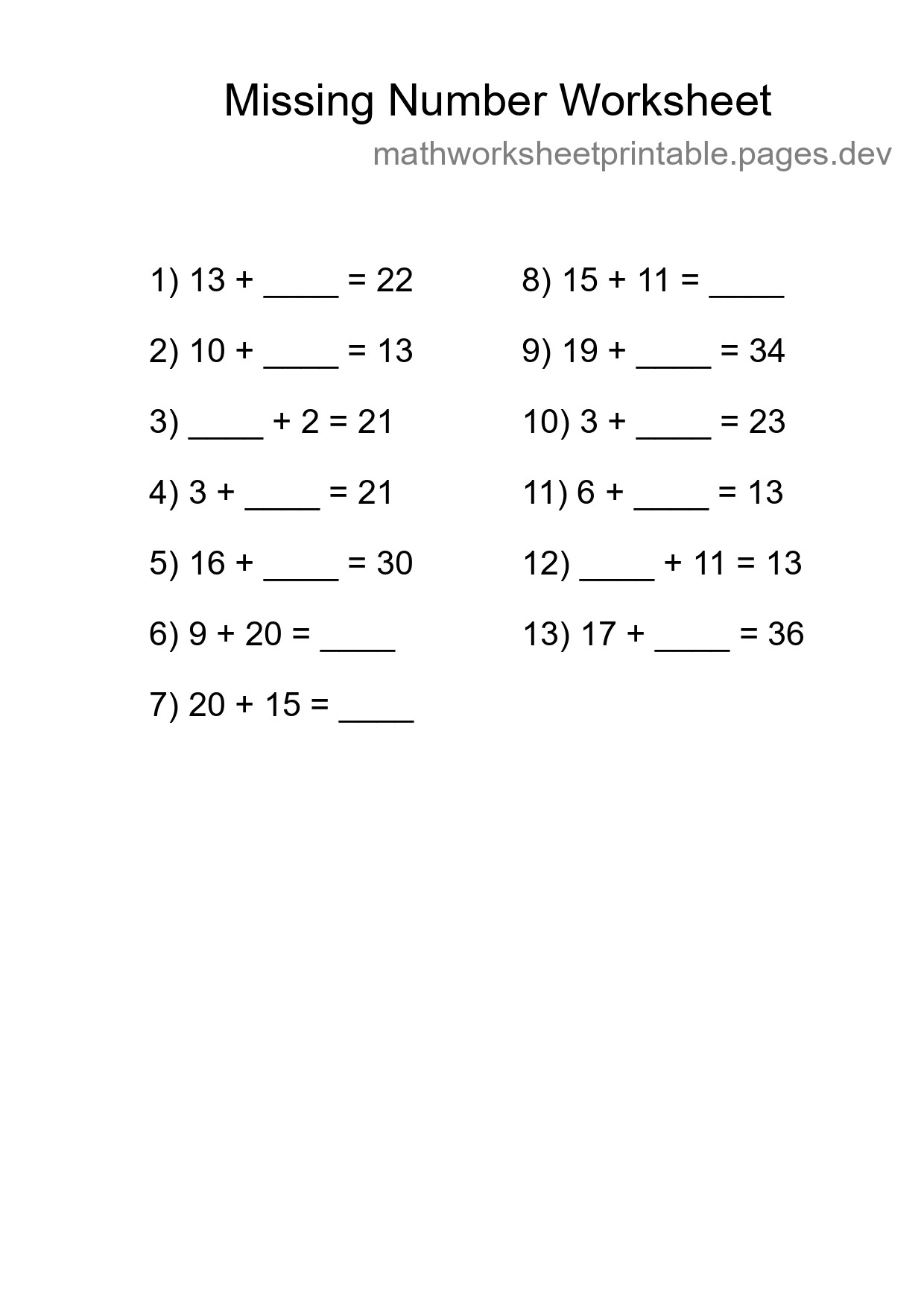 Missing Number Math Worksheet