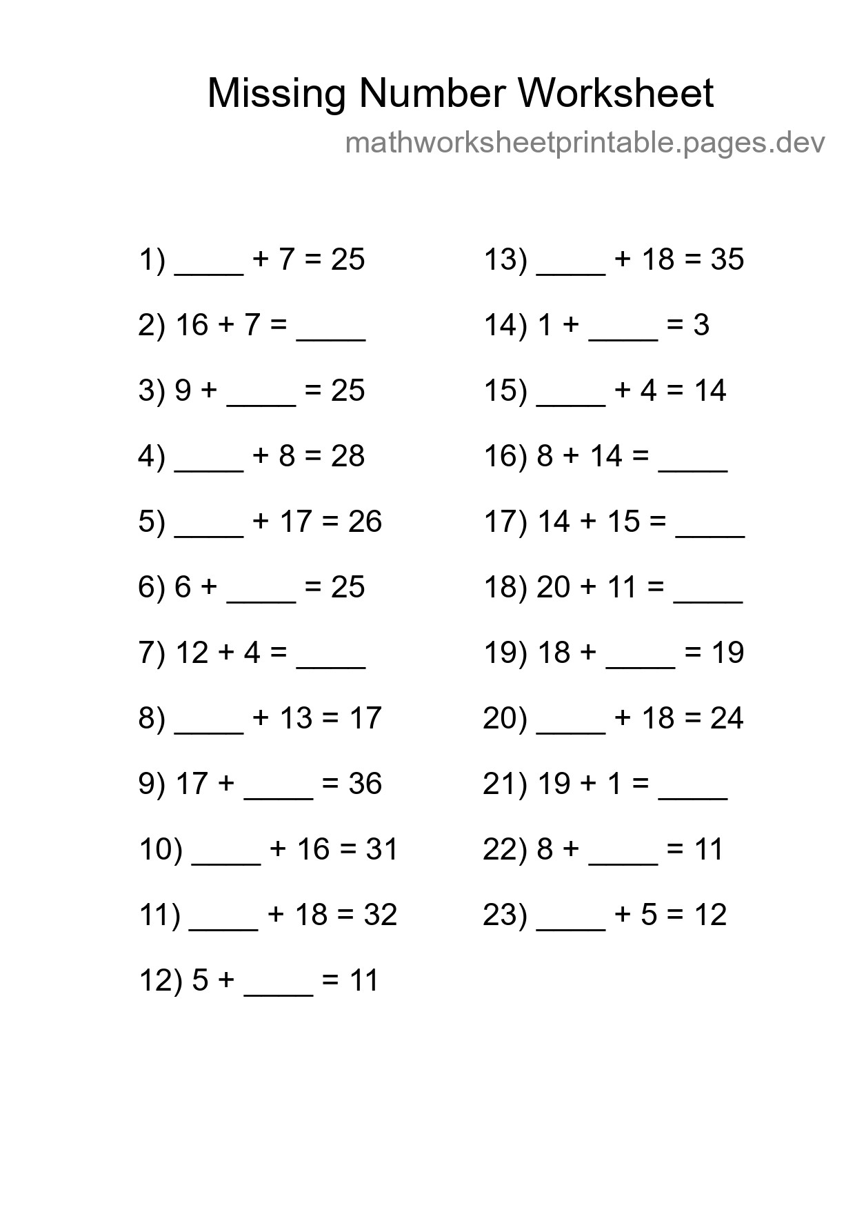 Missing Number Math Worksheet