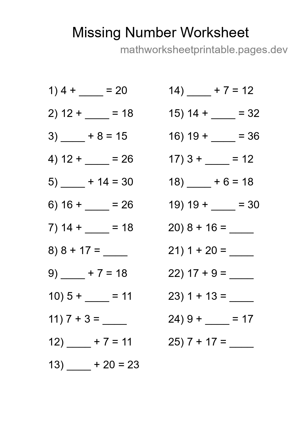 Missing Number Math Worksheet