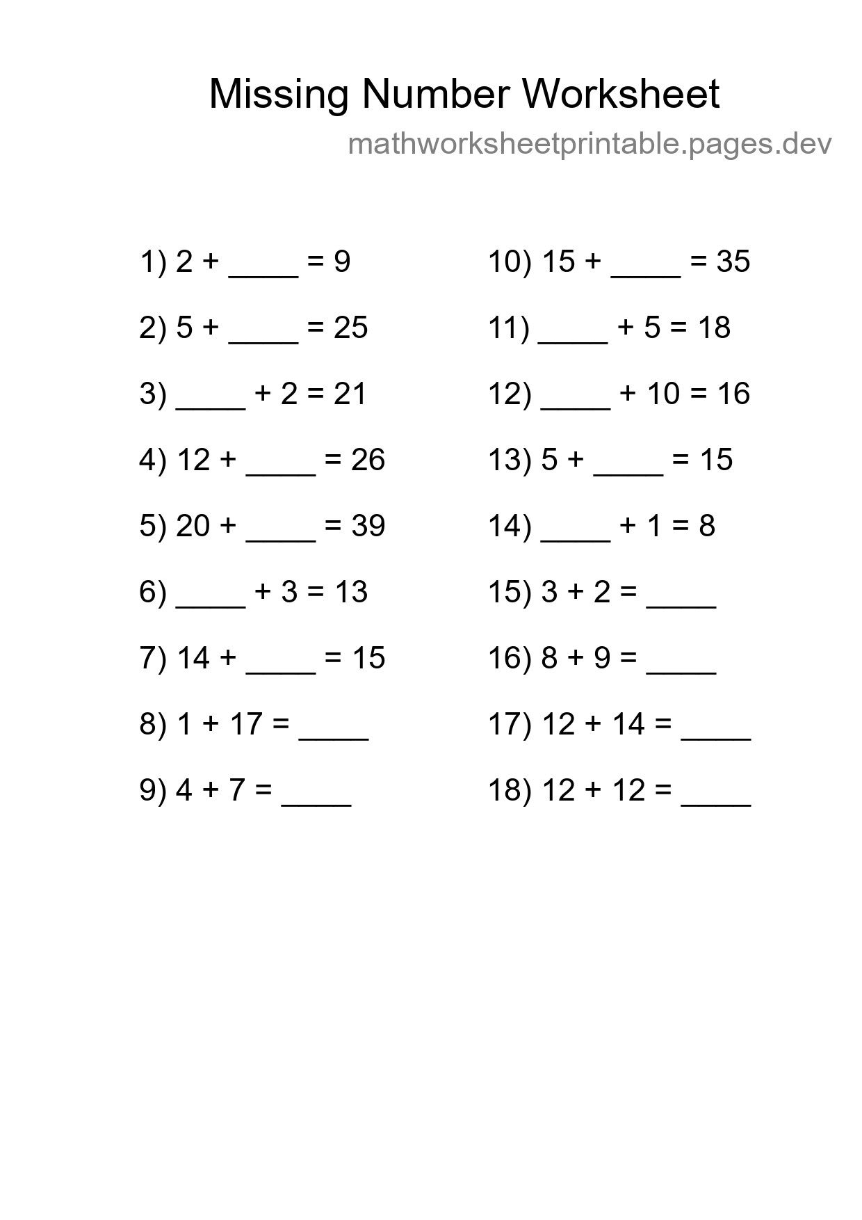 Missing Number Math Worksheet