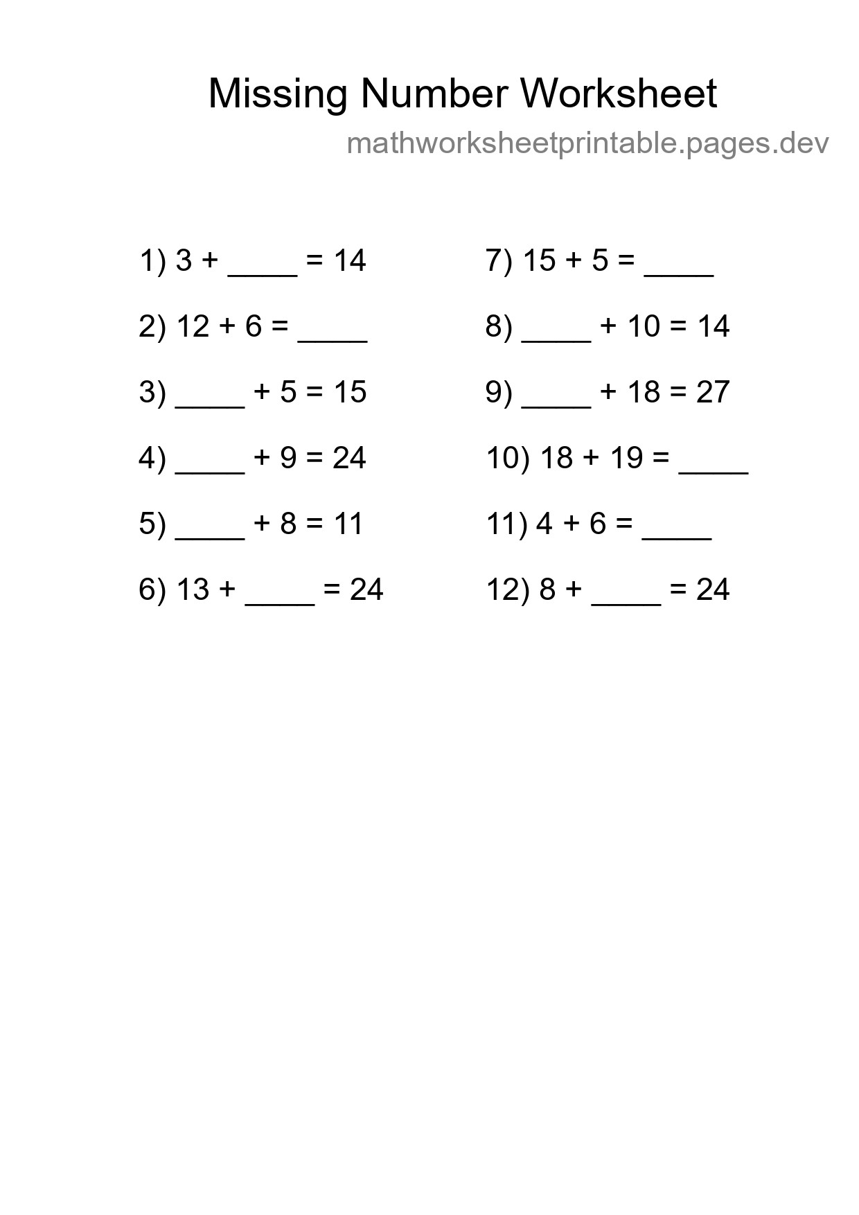 Missing Number Math Worksheet