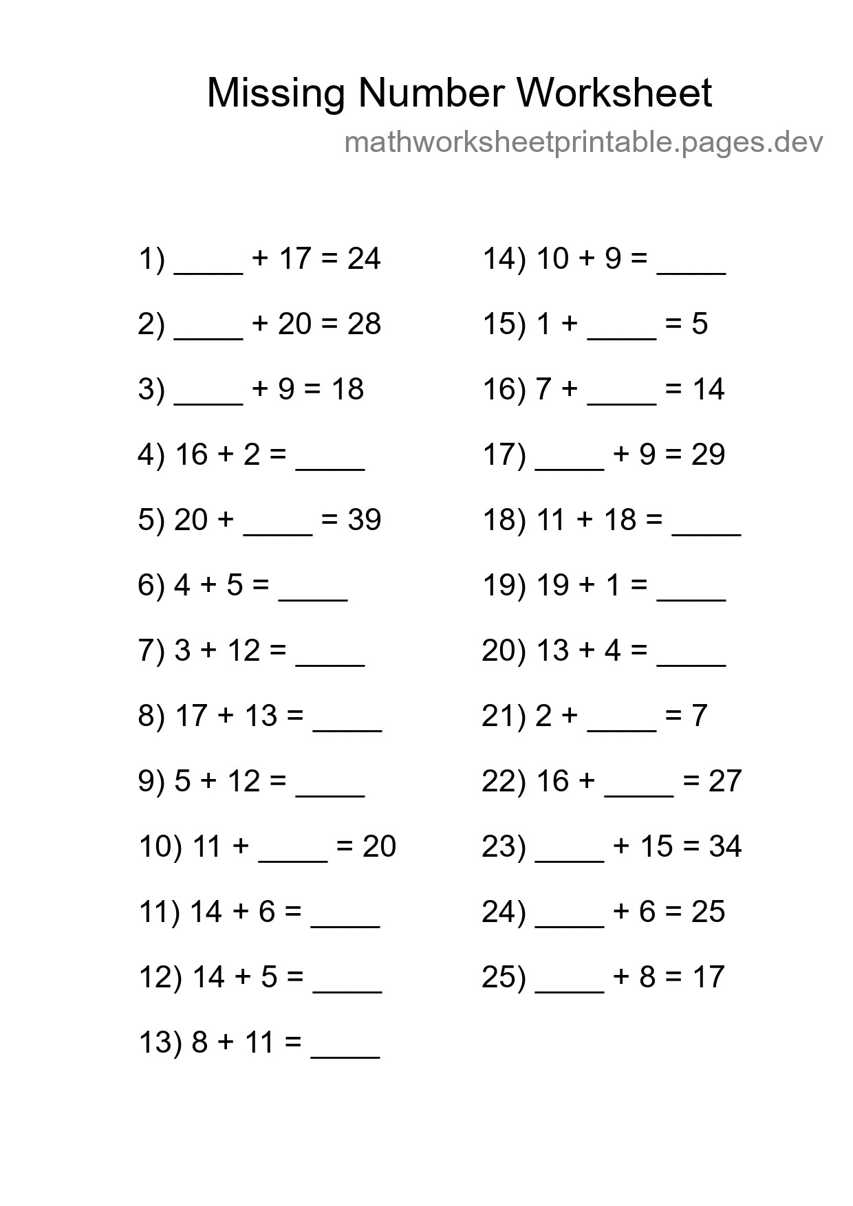 Missing Number Math Worksheet