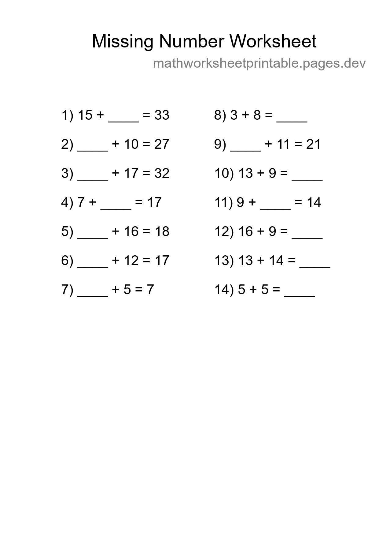 Missing Number Math Worksheet