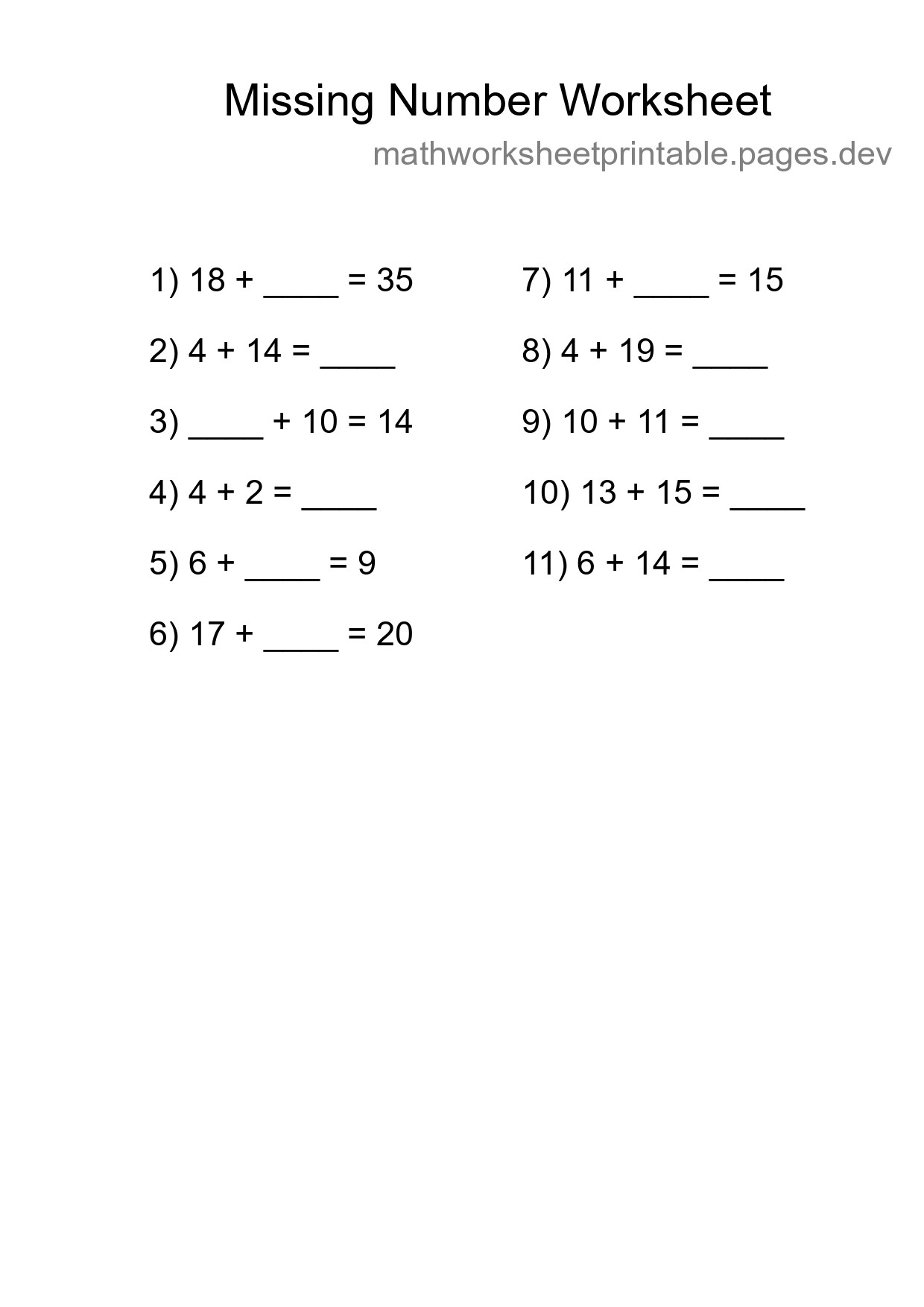 Missing Number Math Worksheet