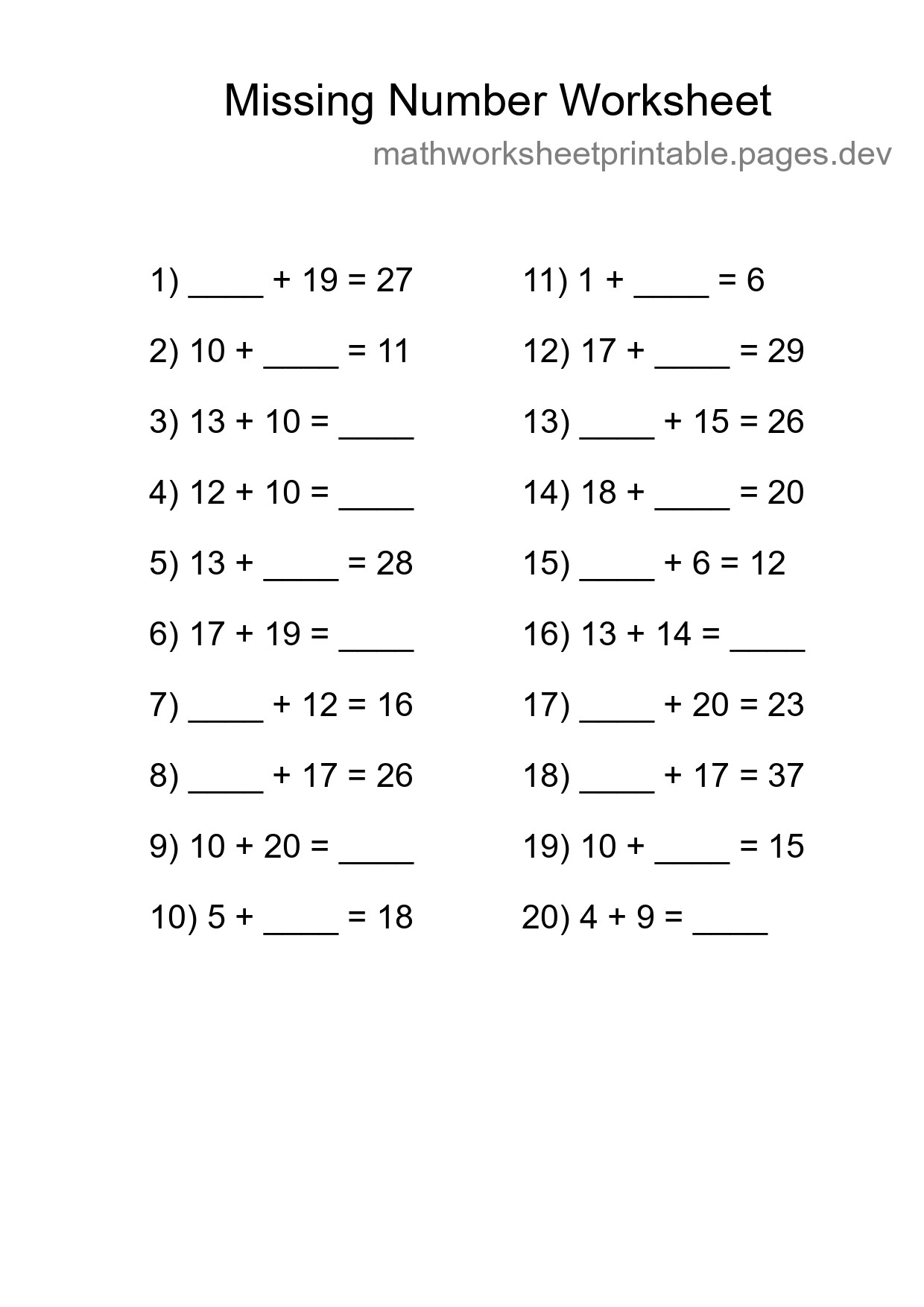 Missing Number Math Worksheet