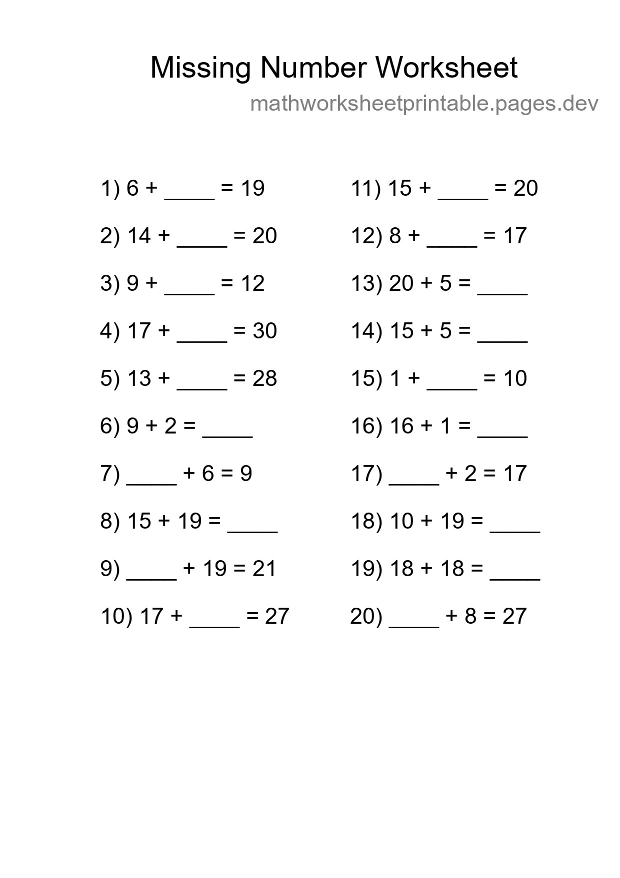 Missing Number Math Worksheet