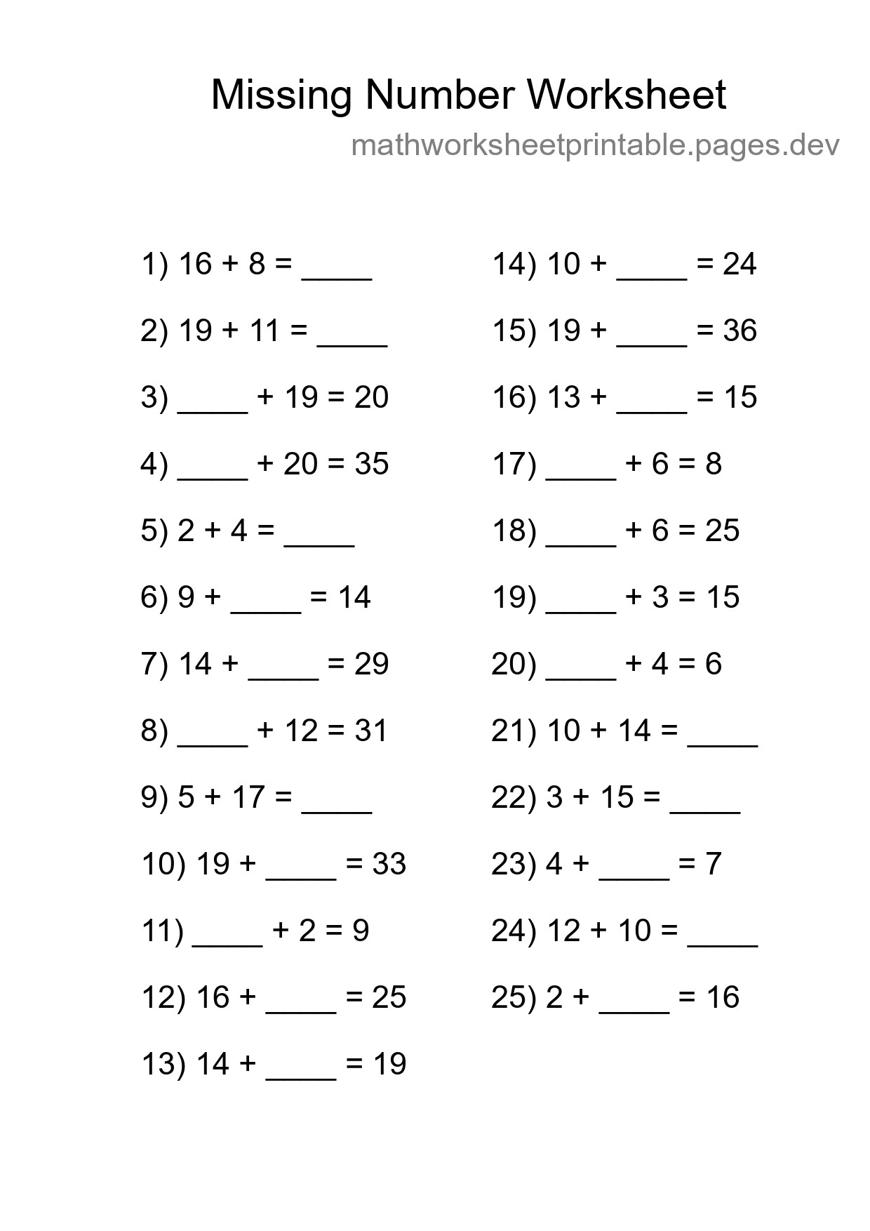 Missing Number Math Worksheet