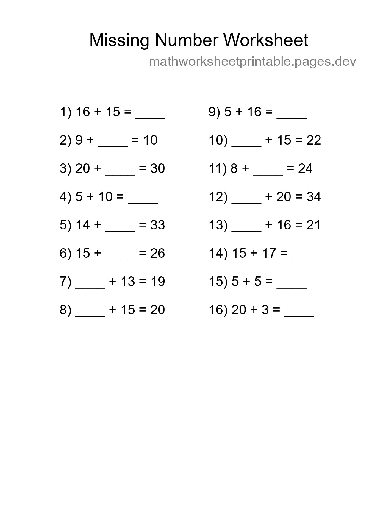 Missing Number Math Worksheet