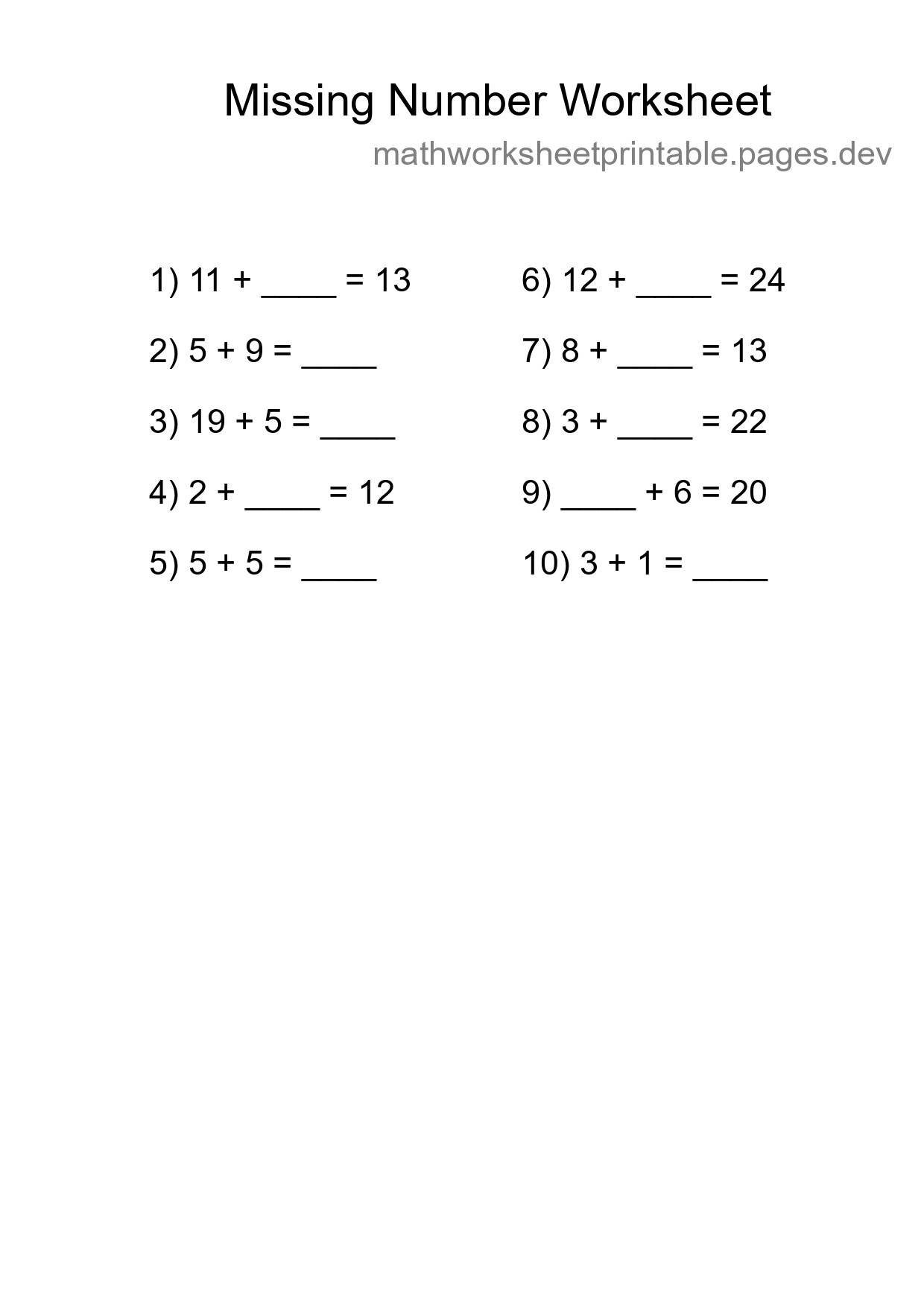 Missing Number Math Worksheet