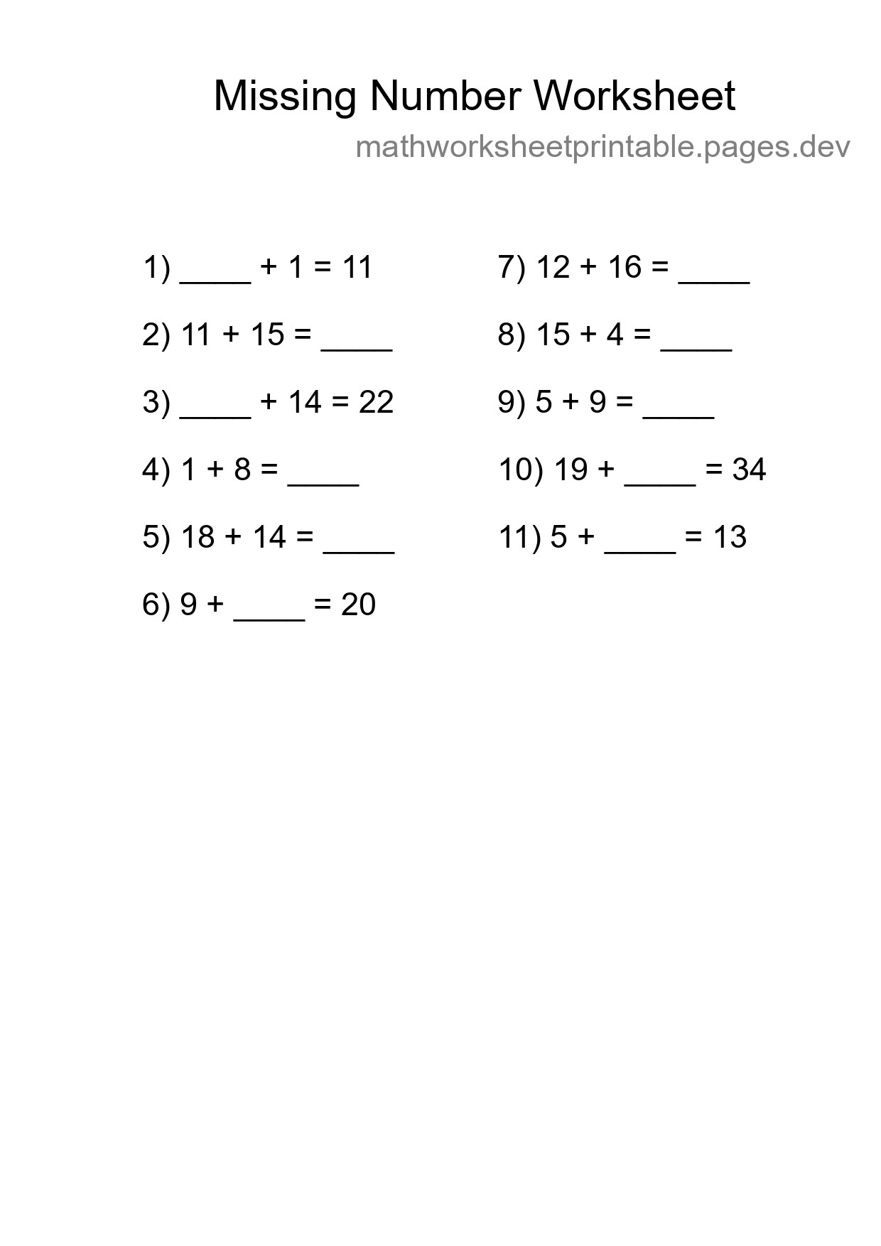 Missing Number Math Worksheet