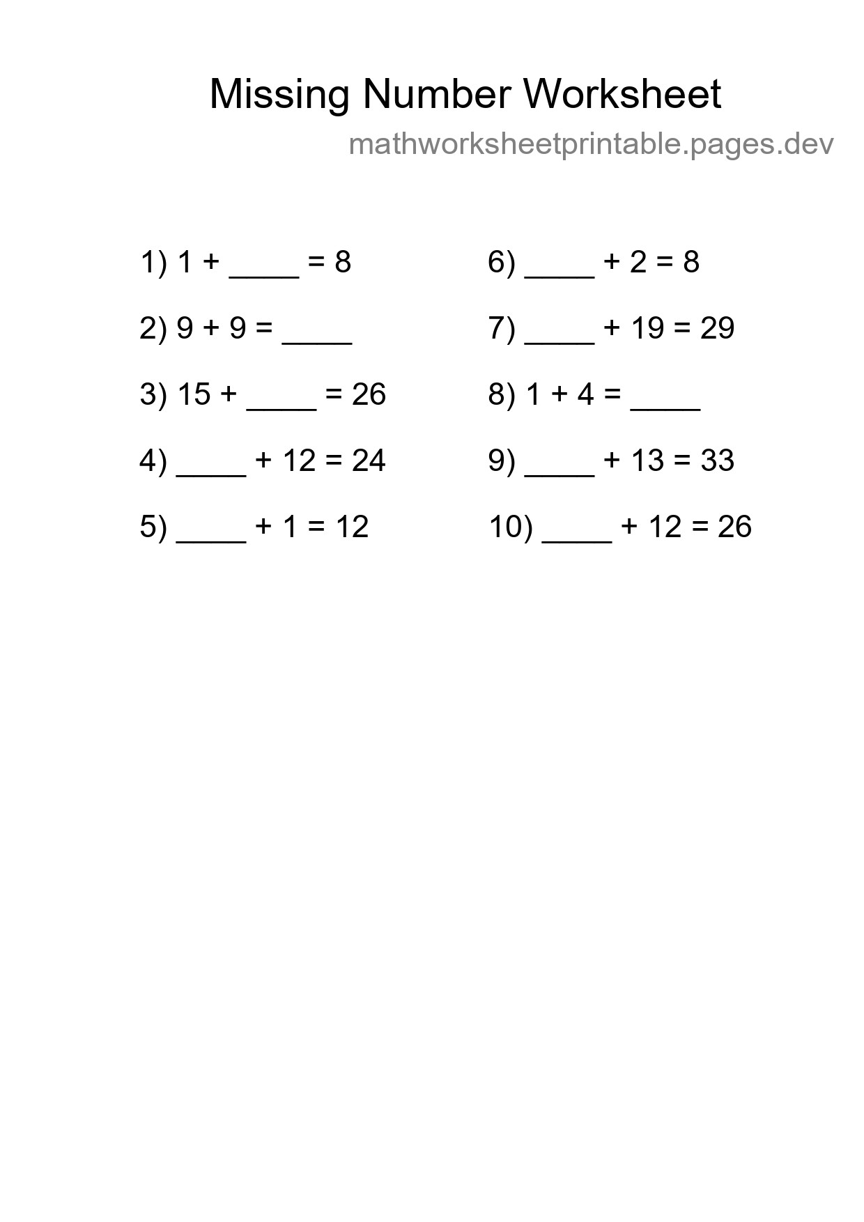Missing Number Math Worksheet