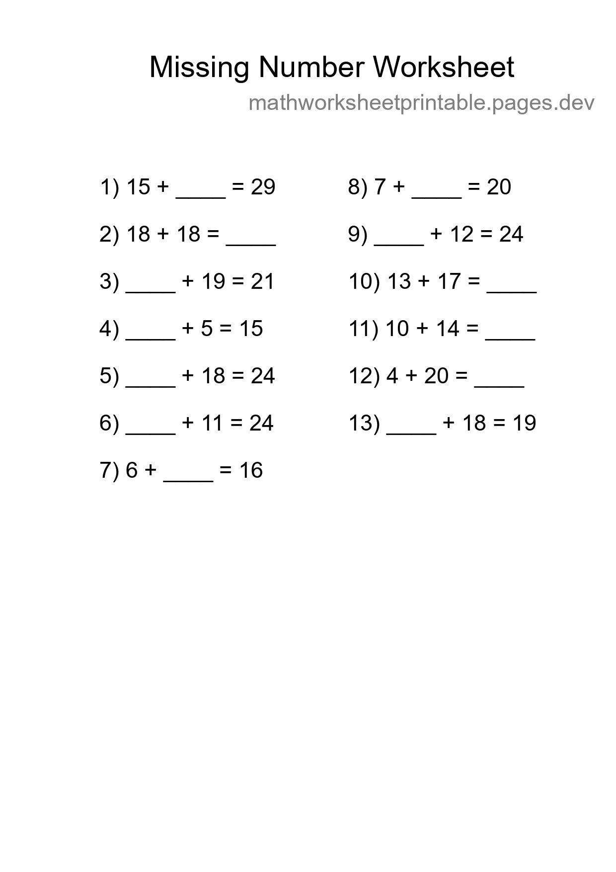 Missing Number Math Worksheet