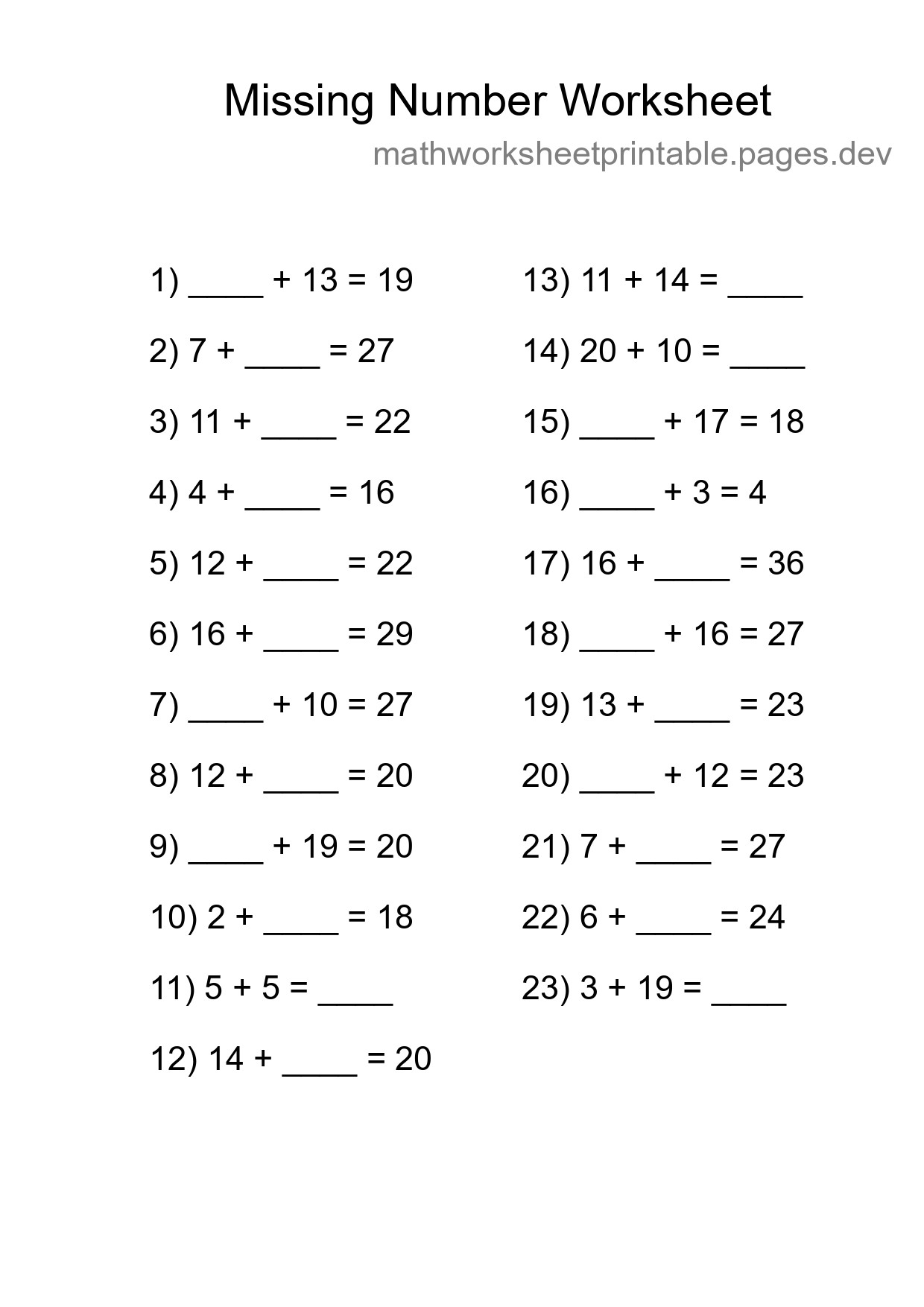 Missing Number Math Worksheet