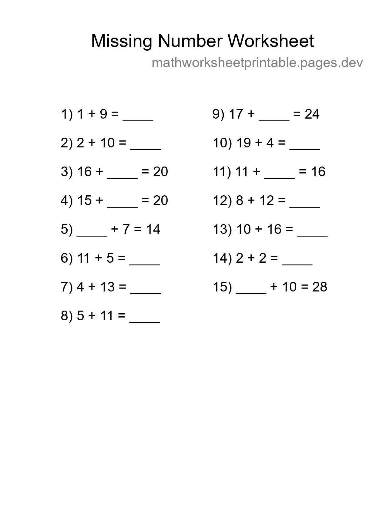 Missing Number Math Worksheet