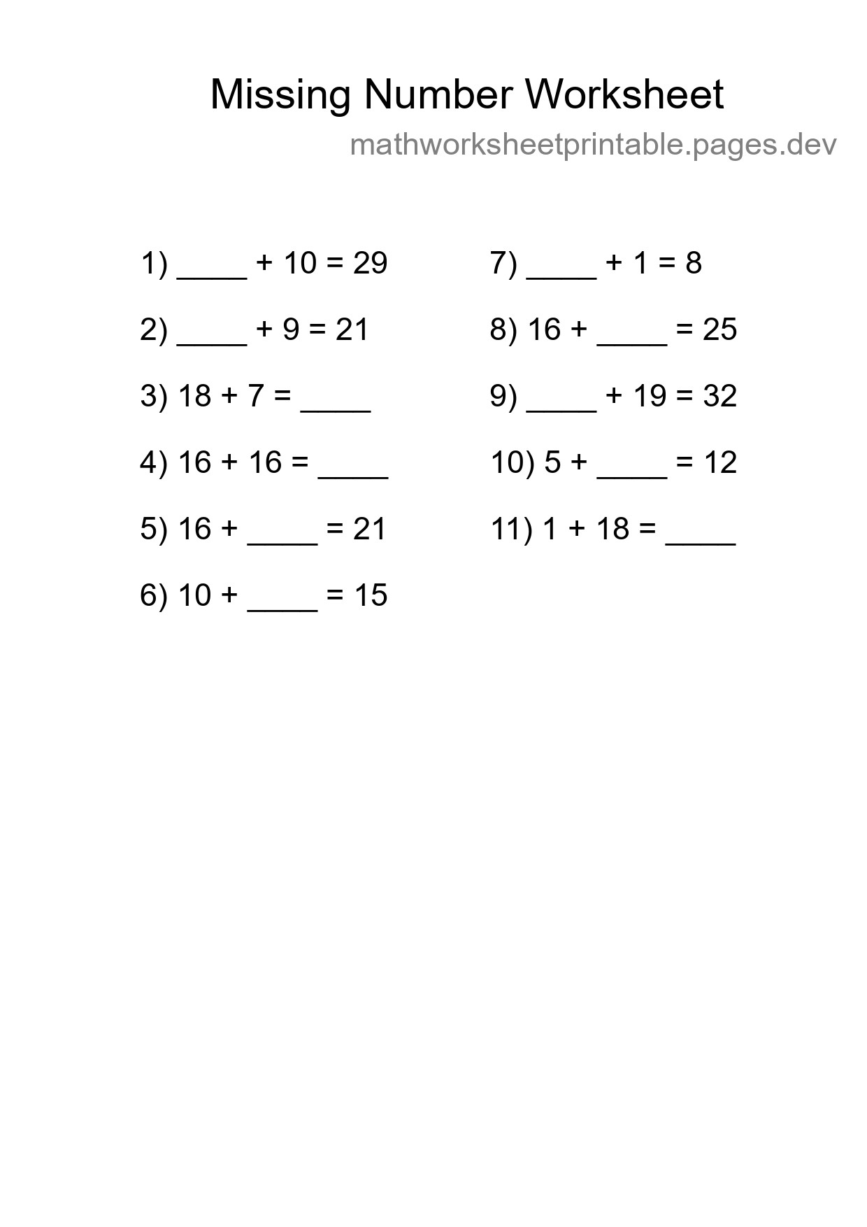 Missing Number Math Worksheet
