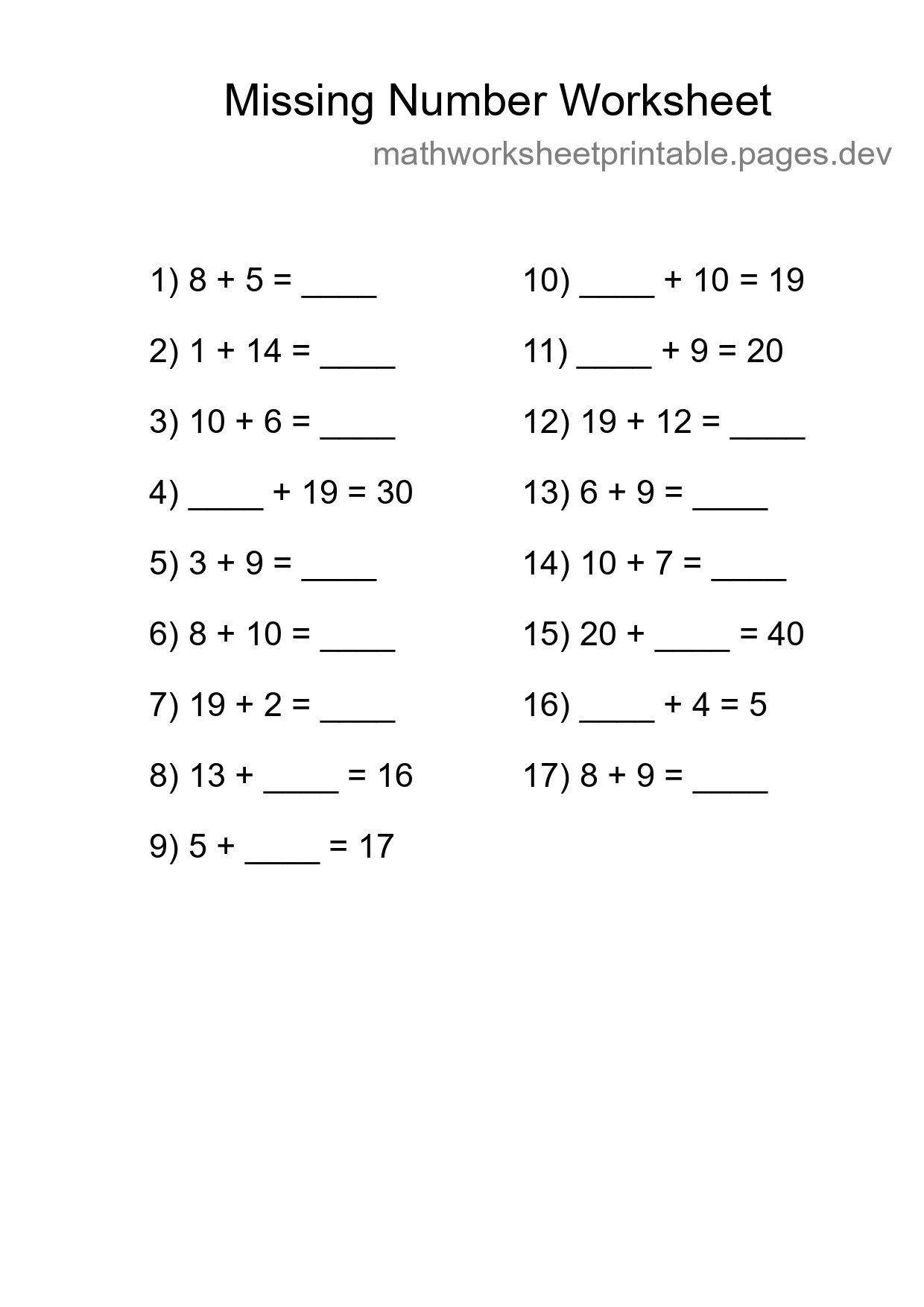 Missing Number Math Worksheet