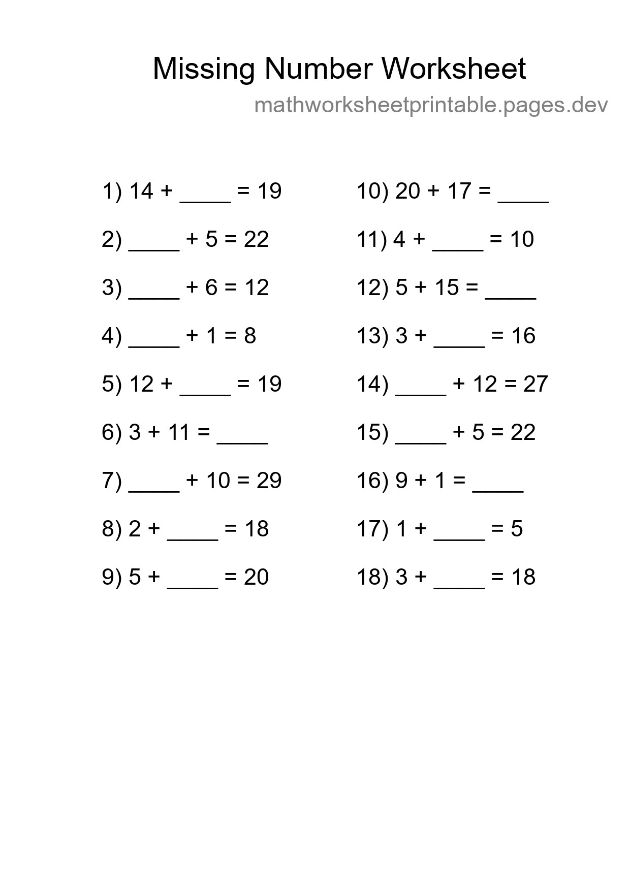 Missing Number Math Worksheet