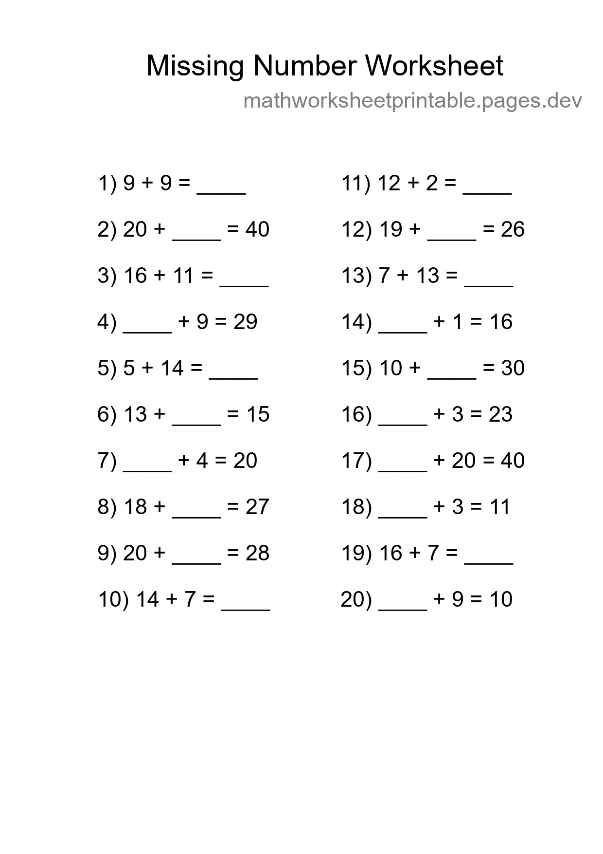 Missing Number Math Worksheet